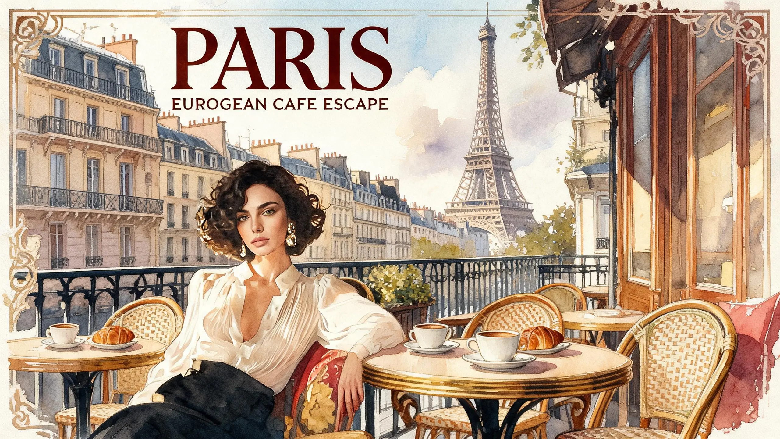 Vintage watercolor travel poster illustration, elegant [European] travel advertisement aesthetic, soft hand-painted watercolor textures, detailed cityscape scenery, charming café terrace in the foreground, cozy chairs and tables, cinematic destination view, iconic landmarks in the background, dreamy cloudy skies, delicate ink outlines, pastel and earthy color palette, classic tourism poster typography, large bold destination title at the top, subtle paper grain texture, nostalgic travel journal feeling, peaceful wanderlust atmosphere, cozy lifestyle details, artistic watercolor splashes, storybook illustration style, refined architectural details, elegant framing and borders, soft natural lighting, romantic travel mood, sophisticated travel branding aesthetic, vintage postcard composition, high-detail watercolor painting, timeless European illustration style, Pinterest-worthy aesthetic, collectible travel print design, ultra detailed, 8k.