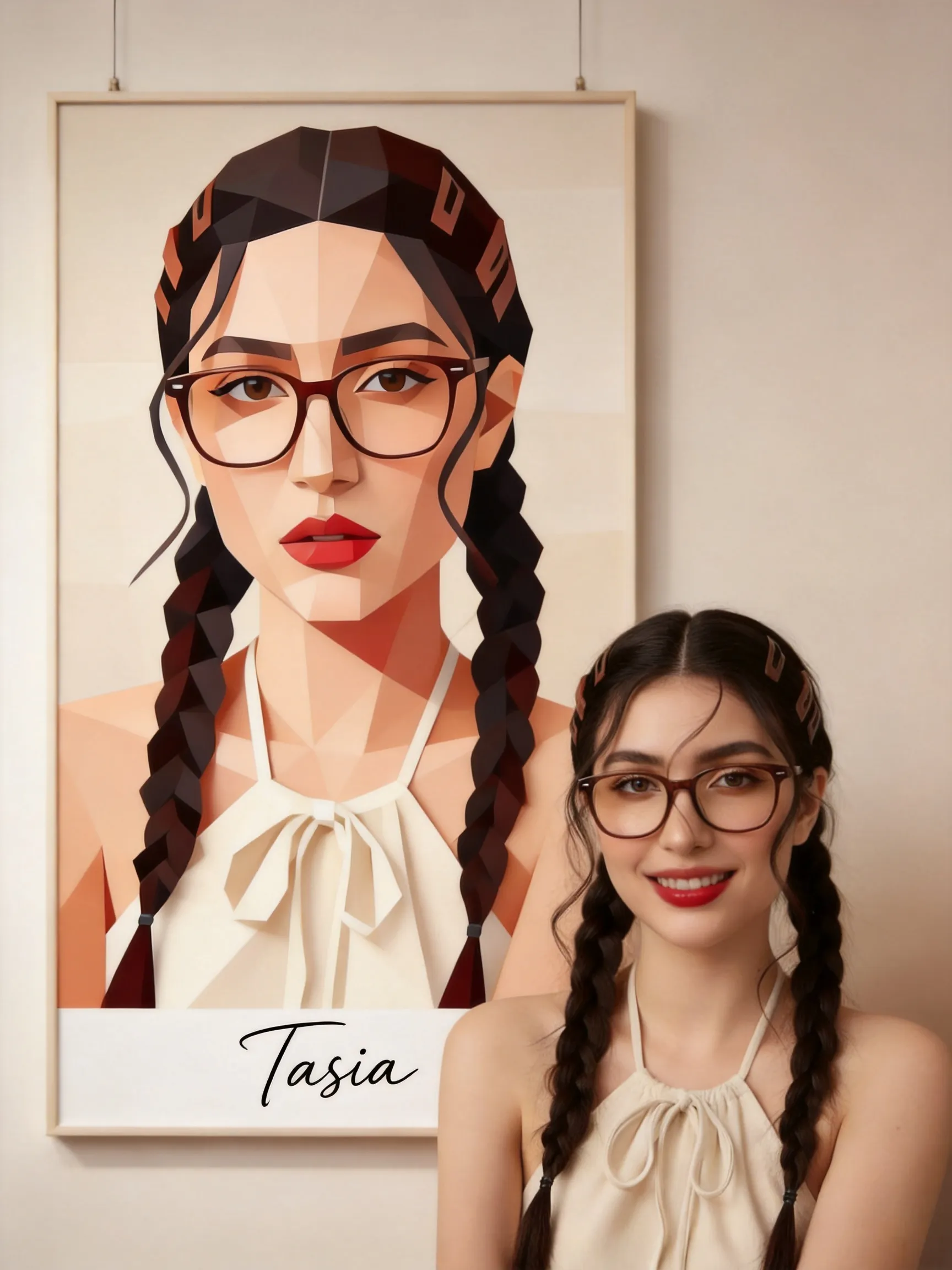 Ultra-realistic modern studio portrait, take the uploaded image as the main subject, clean and soft beige background, minimalist Scandinavian aesthetic. A smiling woman stands beside a huge low-poly geometric artistic illustration of herself hanging on the wall. Elegant red lips, soft cinematic lighting, high-end fashion event texture, luxury editorial photography style, exquisite facial features and luxury brand composition. The handwritten fashionable font "Tasia" is placed below the artwork. Balanced layout, warm neutral tones, ultra-fine details, realistic skin texture, contemporary art gallery poster aesthetic, professional commercial shooting style, 8K ultra-high definition quality.