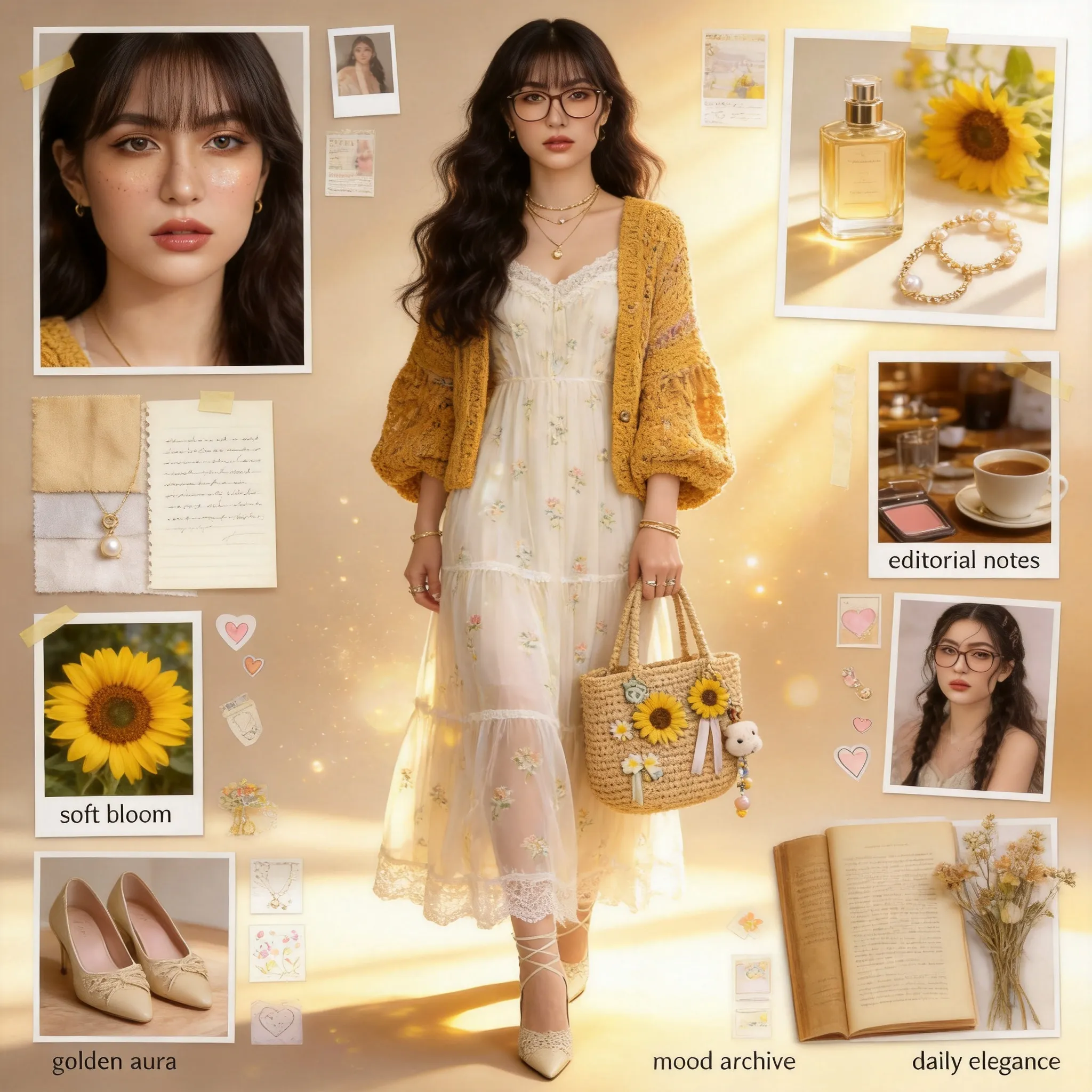 Create an ultra-realistic luxury fashion moodboard poster in a premium Korean editorial magazine style. A beautiful young woman stands elegantly in the center wearing a flowing ivory floral chiffon maxi dress with layered translucent fabric, tiny embroidered flowers, delicate lace trims, and soft movement in the fabric. Over it she wears a textured handmade mustard crochet cardigan with oversized sleeves and cozy vintage stitching details. She has long voluminous dark wavy hair with soft curtain bangs, glowing radiant skin, glossy peach makeup, subtle freckles, soft shimmer eyelids, glossy nude lips, and delicate gold jewelry including layered necklaces, pearl rings, and slim bracelets. She wears elegant cream lace-up heels and carries a handcrafted crochet tote bag decorated with sunflower charms, daisy patches, mini ribbons, tiny plush keychains, and aesthetic beads.
The background is a bright warm editorial studio with creamy beige gradients, golden sunlight rays, subtle shadows, soft reflections, floating dust particles, and dreamy glowing highlights. The layout should feel like a realistic Pinterest luxury collage board with clean spacing and balanced composition.
Around the character include many small scrapbook-inspired collage sections:
– close-up beauty portraits
– sunflower photography
– perfume bottle flatlays
– jewelry editorials
– cozy café lifestyle moments
– fashion accessories
– handwritten diary pieces
– soft fabric texture swatches
– vintage books
– coffee cups
– aesthetic shoes
– makeup close-ups
– hair inspiration photos
– dried flower arrangements
– cute doodles and tiny heart sketches
– polaroid-style frames
– paper tape pieces
– editorial magazine snippets
Typography should be very small, elegant, subtle, and blended naturally into the layout like luxury fashion magazine captions. Use tiny serif text such as: “golden aura”, “soft bloom”, “editorial notes”, “mood archive”, and “daily elegance”. Text must never dominate the image.
Overall aesthetic: warm, feminine, luxurious, ultra detailed, realistic photography, soft dreamy atmosphere, premium Korean fashion magazine moodboard, cinematic lighting, highly aesthetic Pinterest composition, rich textures, airy and bright color palette.