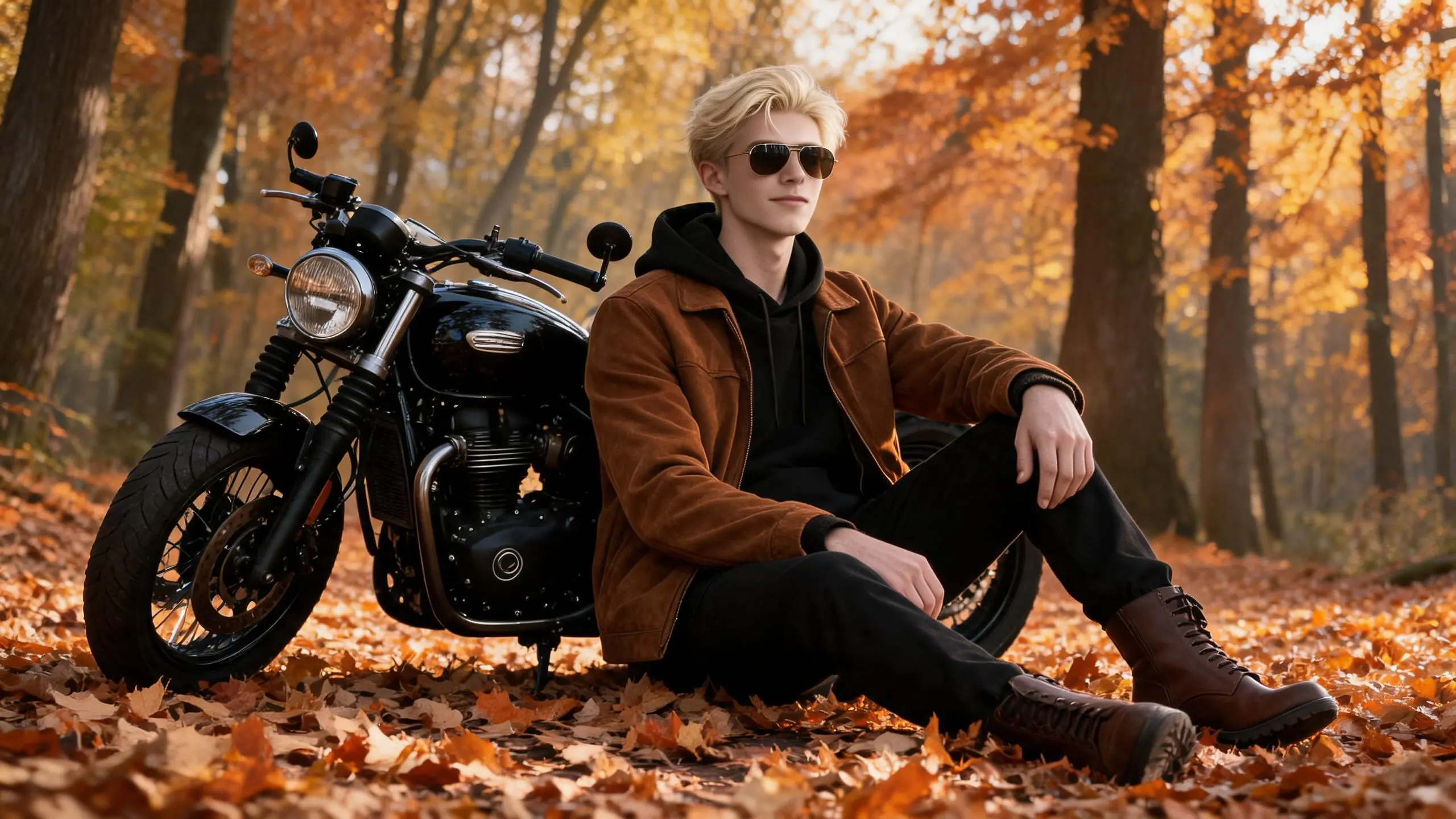 A cinematic autumn portrait of a stylish man sitting on a forest path covered with fallen leaves, leaning against a vintage motorcycle; he wears a brown suede jacket over a black hoodie, black pants, brown leather boots, and dark aviator sunglasses, with well-groomed hair and a calm, confident expression; tall trees with warm orange and golden foliage in the background, shallow depth of field, soft natural light, moody fall tones, ultra-realistic photography, high detail, cinematic composition, 8K quality.