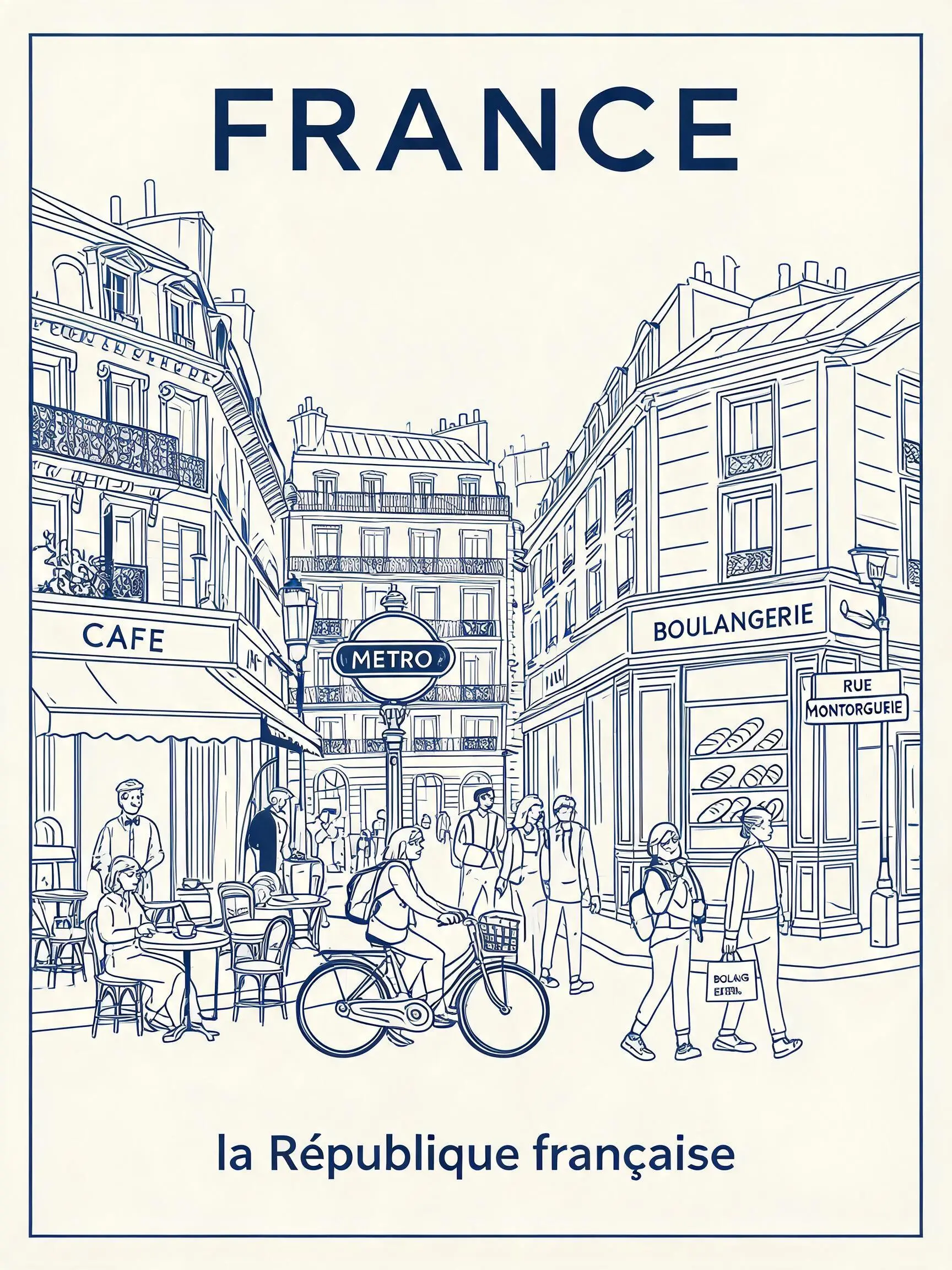 Create a minimalist, ultra-high-resolution line art travel poster about [France], depicting the city as a stylish, everyday urban scene, not a tourist postcard.

MAIN COMPOSITION:
- The central composition features the city's most iconic street, intersection, alley, tramway, or pedestrian alley.
 - Foreground: Locals, commuters, cyclists, travelers, shoppers, students, and cafe patrons
- People should naturally reflect the local lifestyle and trendy culture of the city
- Background: filled with realistic local signage, cafes, restaurants, transit signs, shop windows, and architectural details
- Attractions should seamlessly integrate into everyday life, rather than be exaggerated
- Use authentic typography in the local language and culturally recognizable visual elements
- Large font at top center:
"France"
- Subheading at bottom:
Examples of country names in the local language

Style:
Ultra clean vector illustration, Swiss Art Nouveau travel poster, minimalist line art, monoline art, mid-century editorial aesthetic, architectural illustration, Japanese graphic poster style,
clear geometric perspective, extremely clean negative space,
tourism brand aesthetic  Premium

LINEAR STYLE:
- Only monochrome line illustrations
- Thin and precise lines
- Minimal fill areas
- Intricate detailing, like a city map
- Rhythmic arrangement of signs, buildings, windows, and street objects
- Visually dense yet highly organized composition

COLOR SYSTEM - VERY IMPORTANT:
- Use only ONE primary color + ONE background color
- Automatically select the color that best conveys the atmosphere of the city
- Monochrome silkscreen poster aesthetics
- No rainbow palettes
- No excessive neon
- Color should reflect the architecture, climate, nightlife, and cultural identity of the city.

Composition:
- vertical poster layout
- frontal perspective at street level
- pedestrians crossing streets or moving naturally
- balanced urban rhythm and visual flow
- should resemble a premium urban brand advertising poster

Mood:
stylish city life,
calm yet vibrant
travel magazine cover
timeless city identity
visual imagery for a tourism campaign  Premium,
minimalist, yet highly detailed

TEXT QUALITY IS CRUCIAL:
- all fonts must be legible and neat
- no stray characters
- no broken or distorted letters
- local signage must look authentic and natural
- professional typography

Output:
- vertical poster composition
- ultra-detailed 8K format
- print-ready
- ultra-precise vector quality