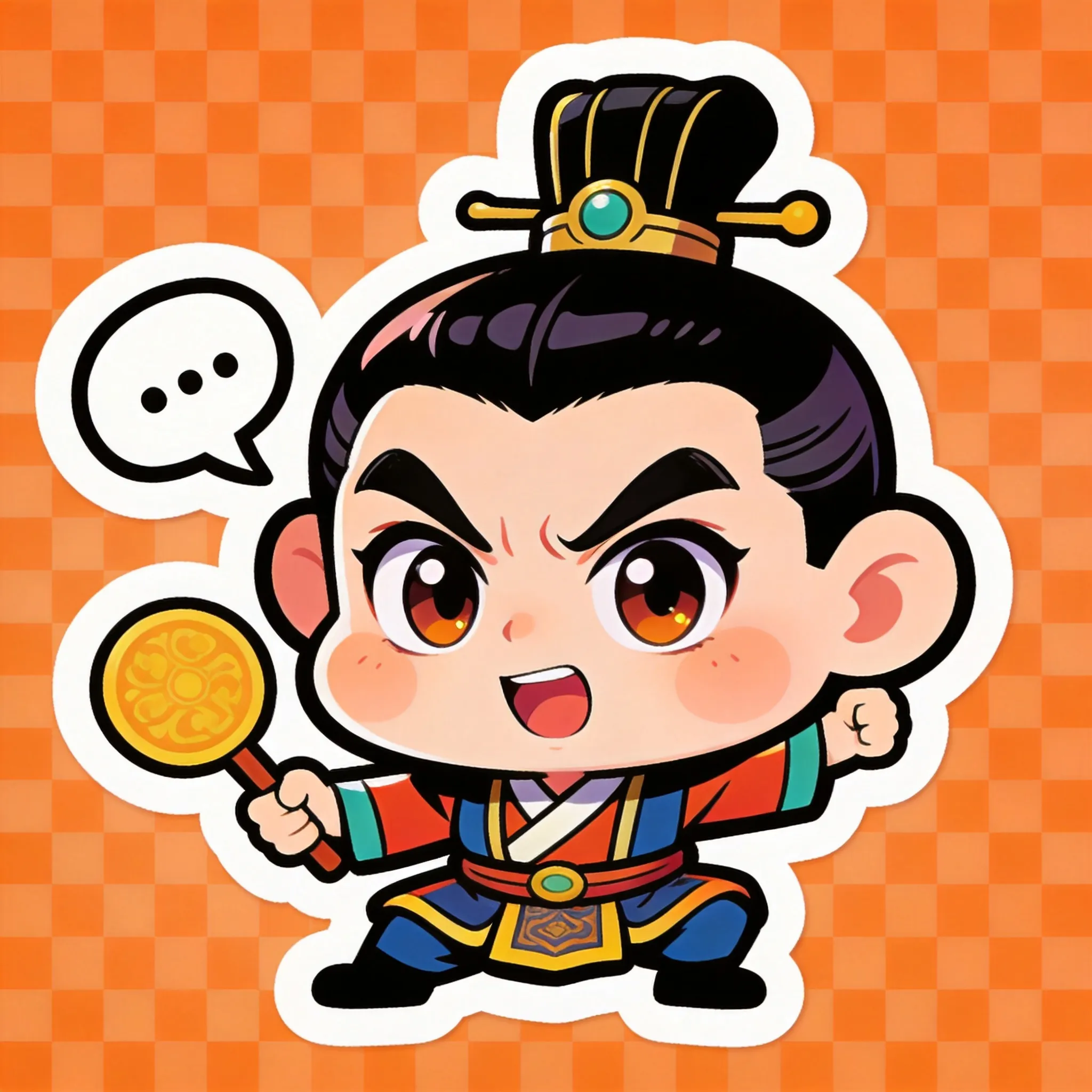 A cute sticker design of a historical figure in a playful caricature style, exaggerated facial features, oversized head and expressive eyes, bold cartoon outlines, vibrant colors, glossy vinyl sticker texture, white die-cut border, fun and humorous expression, clean vector-style illustration, kawaii sticker aesthetic, highly detailed cartoon rendering, isolated on transparent background, collectible sticker style