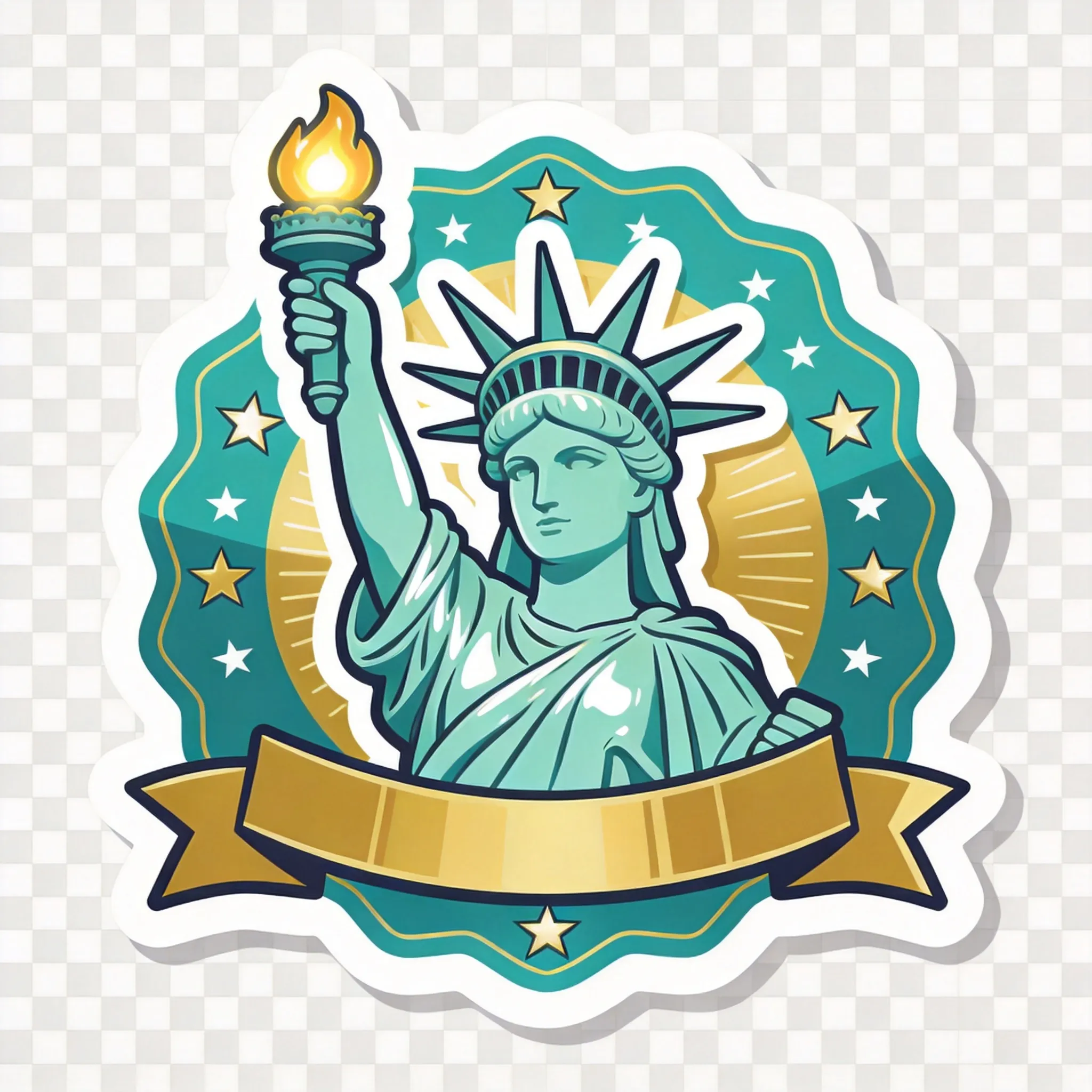 A stylish sticker badge of the Statue of Liberty, emphasizing the glowing torch and iconic crown, bold clean outlines, simplified cartoon illustration style, vibrant teal and gold colors, glossy sticker finish, white die-cut border, travel souvenir sticker aesthetic, layered badge composition, decorative stars and ribbons, highly detailed vector-style artwork, isolated on transparent background