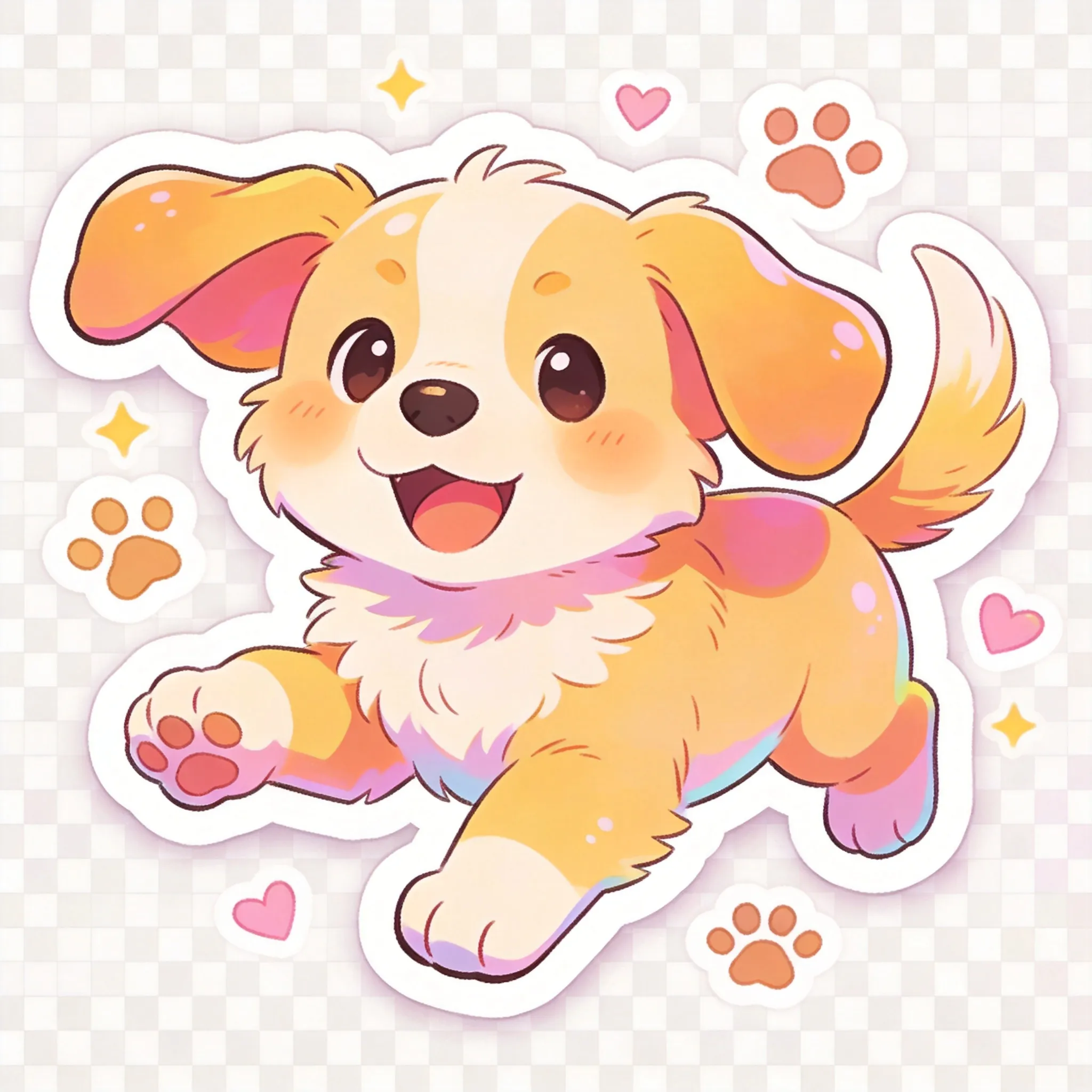 A playful puppy sticker with floppy ears and a wagging tail, joyful cartoon expression, surrounded by cute paw prints and tiny hearts, soft fluffy fur texture, vibrant pastel colors, thick white sticker border, glossy vinyl sticker effect, kawaii cartoon illustration style, dynamic playful pose, highly detailed digital sticker art, isolated on transparent background