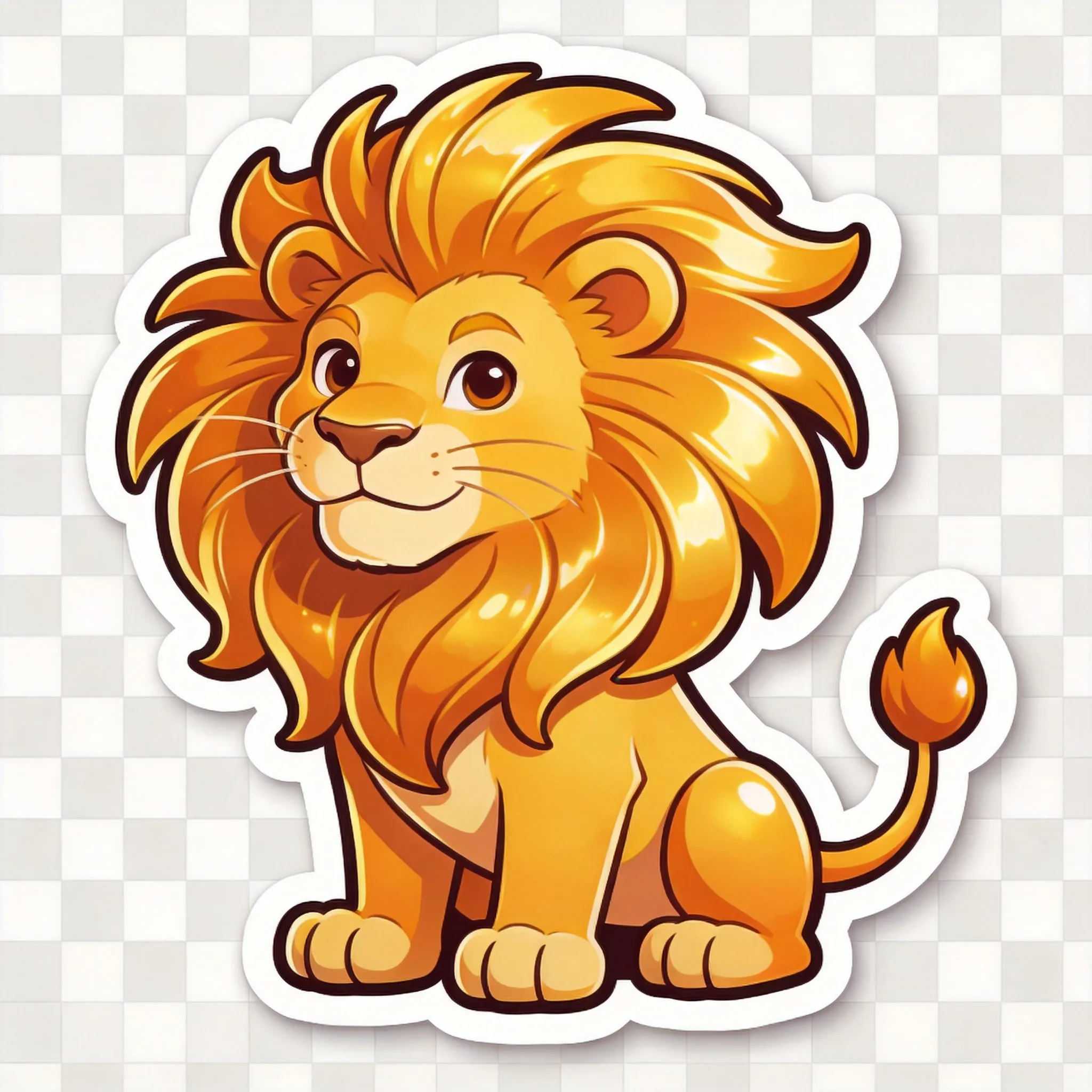 A majestic lion sticker in a charming cartoon style, large flowing mane with dynamic shapes, confident expression, bold clean outlines, warm golden and orange tones, glossy vinyl sticker finish, thick white die-cut border, playful yet powerful character design, highly detailed cartoon rendering, mascot-style illustration, isolated on transparent background