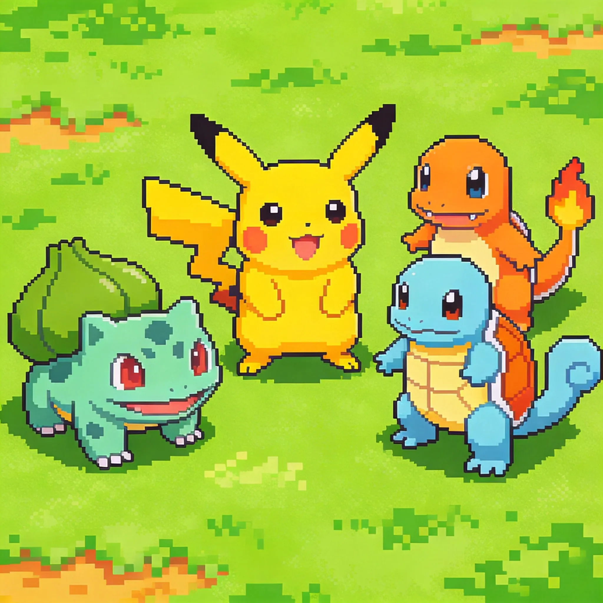 A nostalgic pixel art scene featuring classic Pocket Monsters, Pikachu standing at the center surrounded by Bulbasaur, Charmander, and Squirtle, each character recreated in detailed retro 16-bit pixel art style, iconic colors preserved, expressive pixel animations, retro handheld game aesthetic, pixelated grassy field background, bright cheerful atmosphere, clean sprite design, vibrant pixel palette, classic JRPG visual style, crisp pixel edges, old-school Nintendo-inspired environment