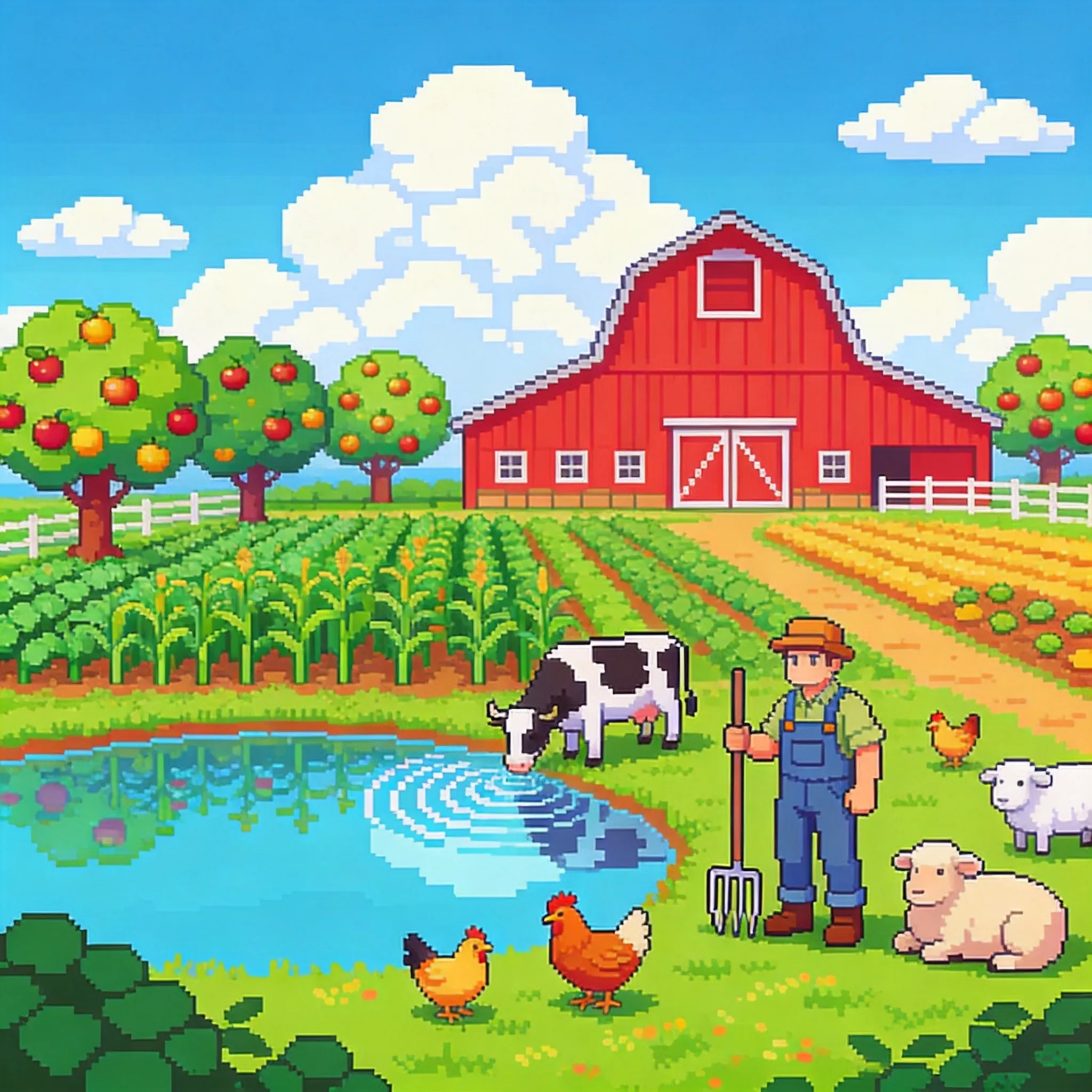 A vibrant retro pixel art farm scene, featuring a bright red barn, green crop fields, fruit trees, a small reflective pond, pixelated cows, chickens, and sheep scattered around the landscape, a farmer working with farming tools, fluffy pixel clouds floating in the sky, cozy countryside atmosphere, detailed 16-bit game environment, colorful pixel palette, nostalgic farming simulator aesthetic, classic SNES-style graphics, clean pixel textures, cheerful retro game scene