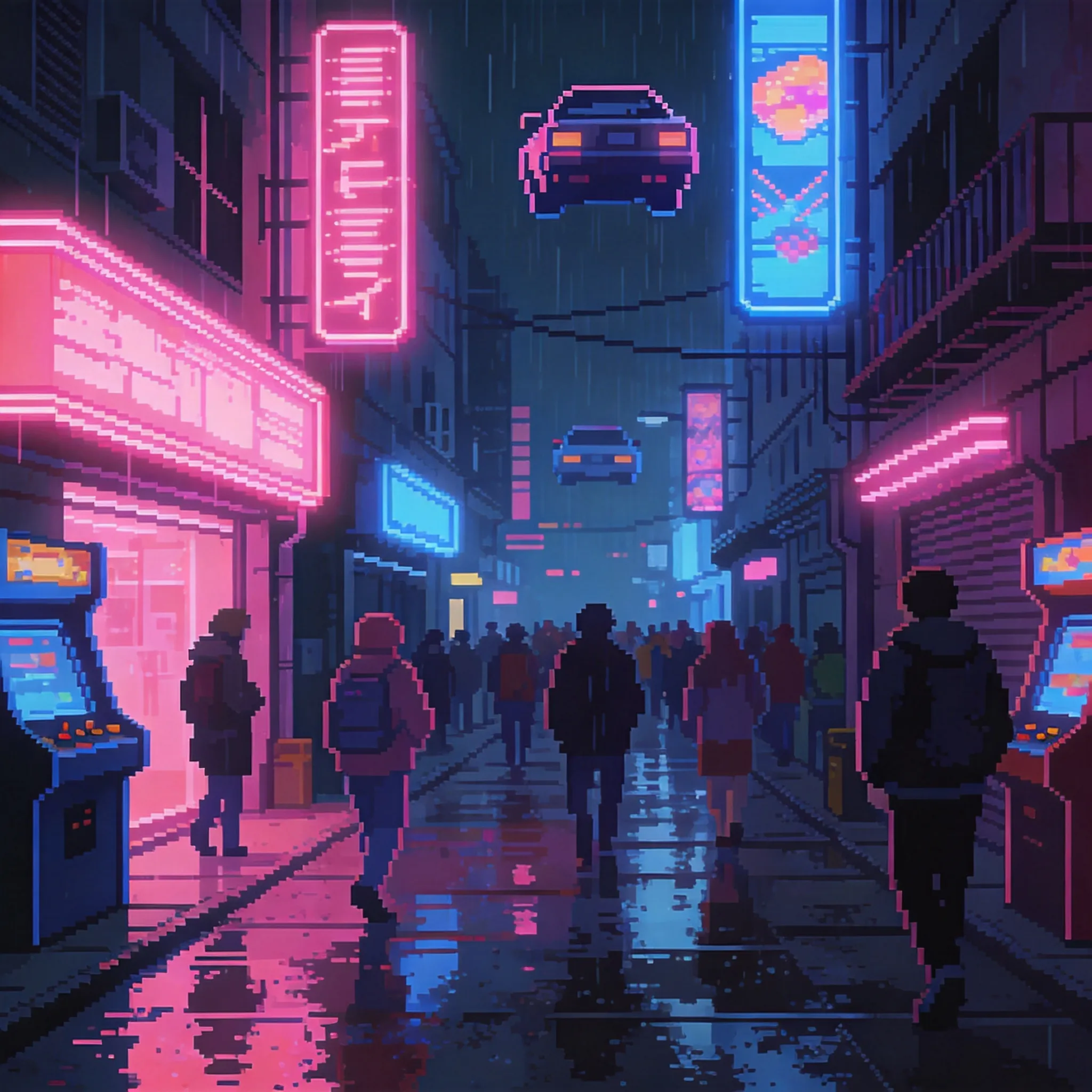 A futuristic cyberpunk street rendered in pixel art style, neon signs glowing in pink and blue, pixelated pedestrians walking under rainy streets, retro arcade atmosphere, flying pixel cars above crowded alleys, reflections on wet pavement, detailed 32-bit pixel environment, cyberpunk game aesthetic, animated billboard lights, moody nighttime lighting, highly detailed pixel textures, classic retro sci-fi RPG style