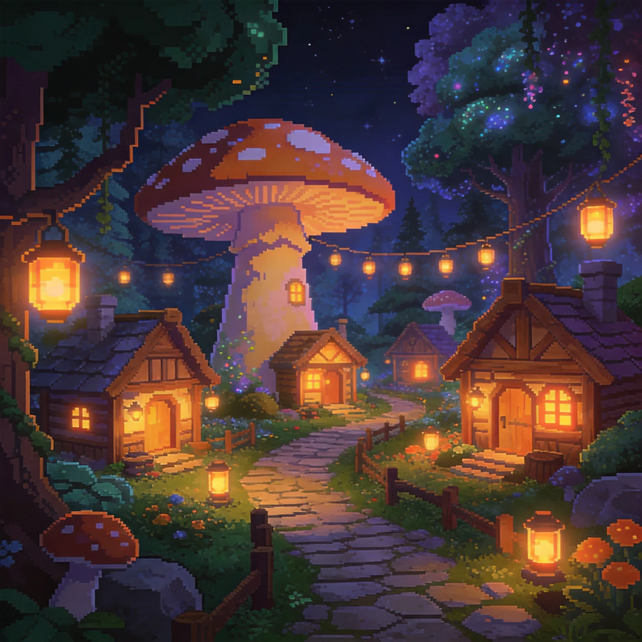 A magical forest village in retro pixel art style, tiny wooden cottages glowing warmly at night, giant mushrooms and magical trees surrounding the village, pixelated lanterns hanging along pathways, fantasy RPG atmosphere, cozy nighttime lighting, charming 16-bit adventure game aesthetic, vibrant fantasy color palette, highly detailed pixel environment, nostalgic JRPG world design