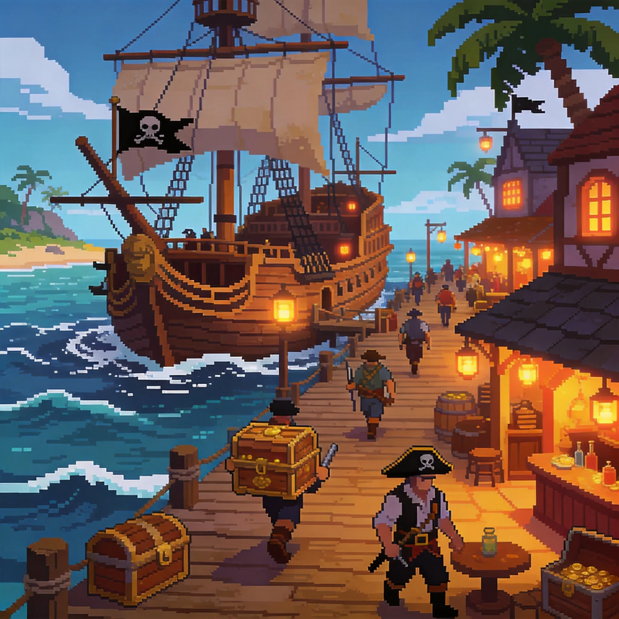 A bustling pirate harbor rendered in pixel art style, wooden ships docked along the pier, pixelated sailors carrying treasure chests, taverns glowing with lantern light, ocean waves animated in retro pixels, tropical island atmosphere, classic 16-bit adventure game aesthetic, colorful retro palette, highly detailed harbor environment, nostalgic arcade adventure style