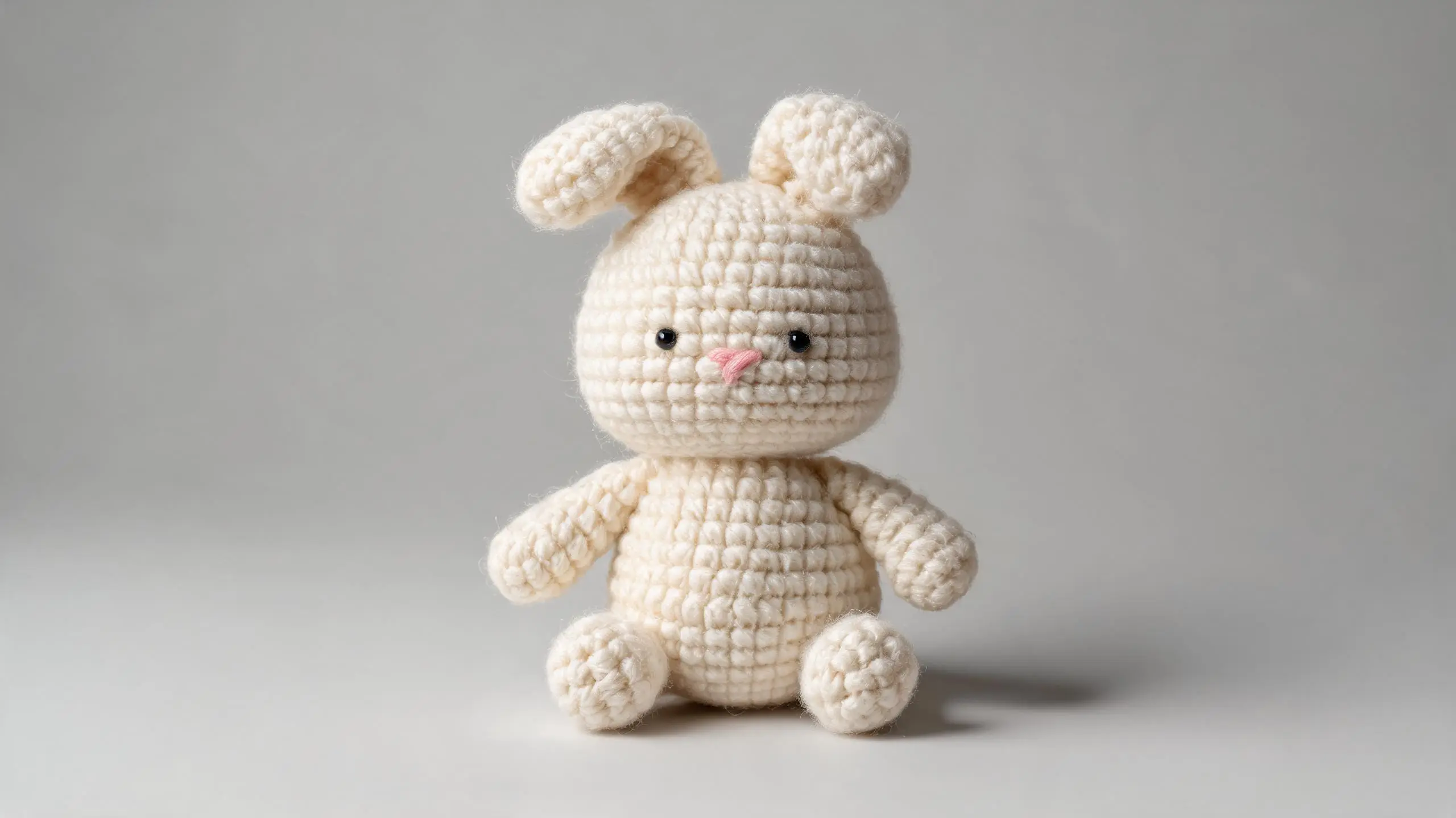Create a 3D photorealistic and highly detailed poster in amigurumi style. The design should imitate a real handmade crochet [rabbit], with visible thread texture, stitching details, and soft, felted proportions. Use realistic fabric shading, subtle fuzz, and natural lighting to achieve depth. The amigurumi should have small embroidered eyes and a simplified face. Represent it in a neutral studio environment with soft shadows for a professional presentation. Gray toned background.