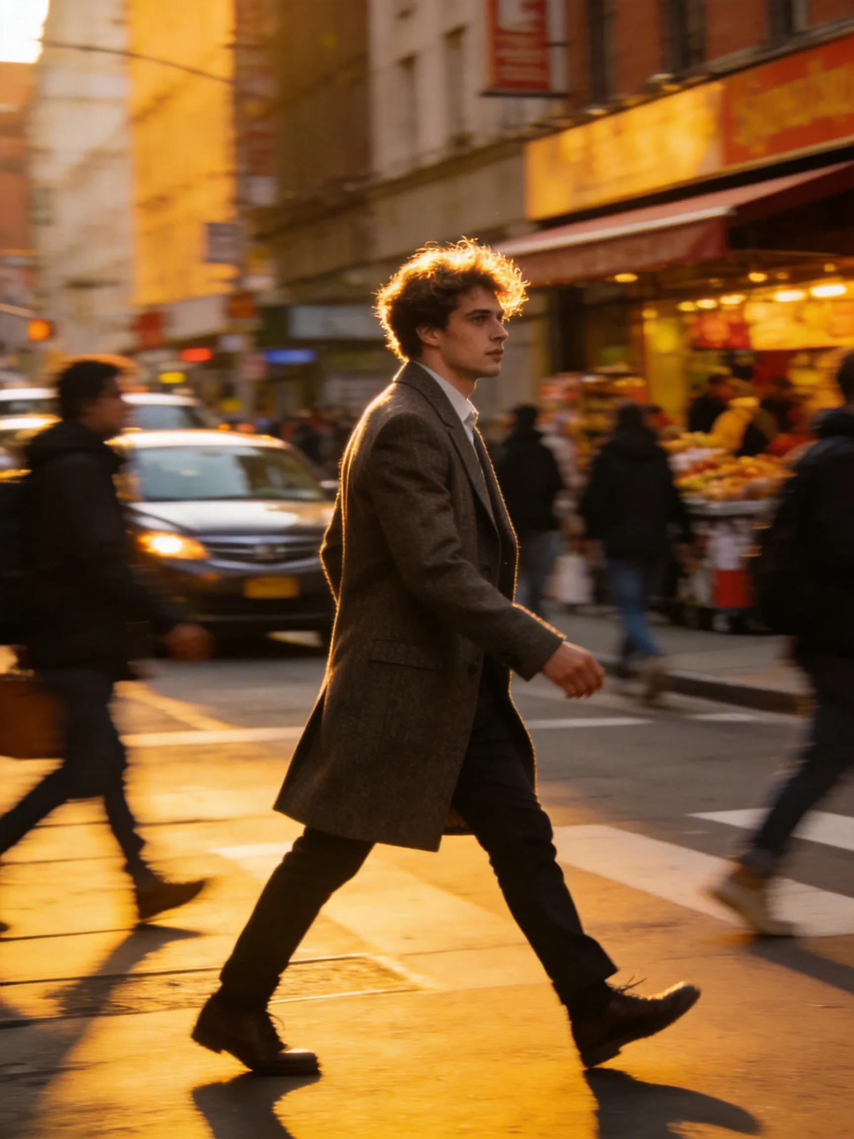 candid street photography of a stylish young man walking in a busy city street, natural movement, urban background with people and traffic, golden hour lighting, 35mm lens, realistic photography