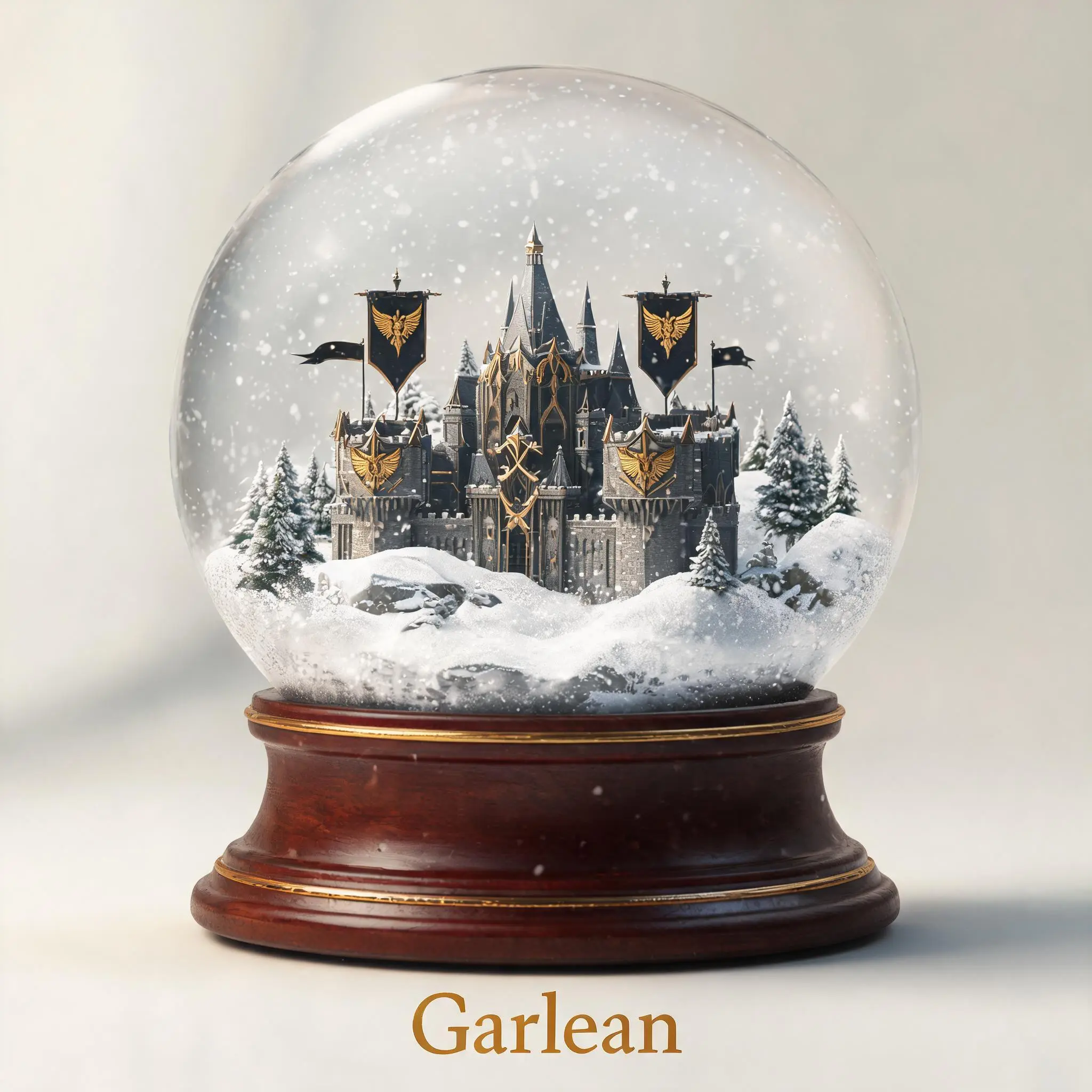 A super detailed, realistic snow globe containing the essence of [Garlean Empire]. Inside the globe: miniature snowy landscapes, iconic landmarks, cultural symbols, and natural elements representing [Garlean Empire], rendered with extreme realism and rich textures. Delicate falling snow creates a magical, atmospheric effect inside the globe. The background is clean and softly lit to focus entirely on the globe. The image is 1:1 aspect ratio. At the bottom of the image, the text “[Garlean]” is clearly written in an elegant serif font