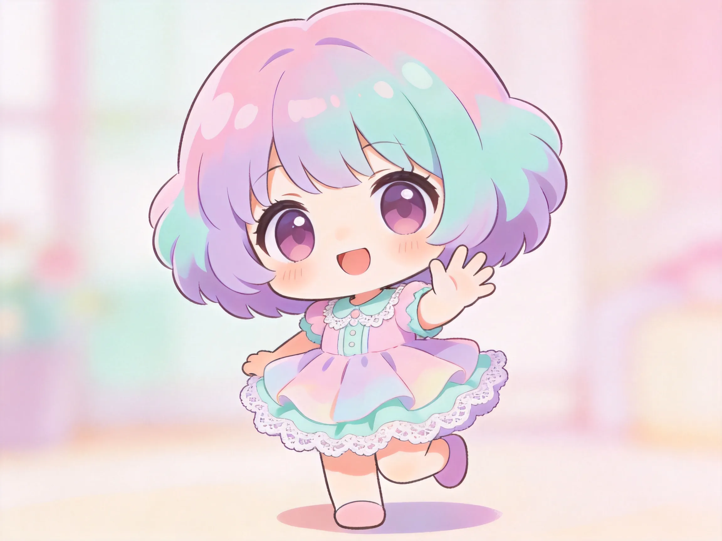 cute chibi anime character with oversized head and tiny body, kawaii pastel colors