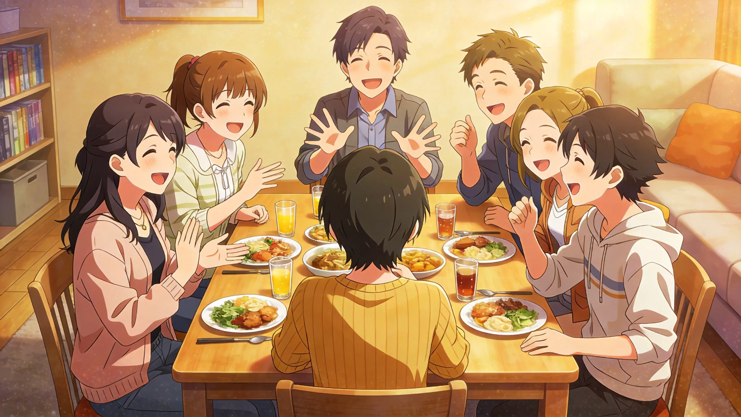 anime friends sitting around a dinner table talking and laughing, warm indoor lighting