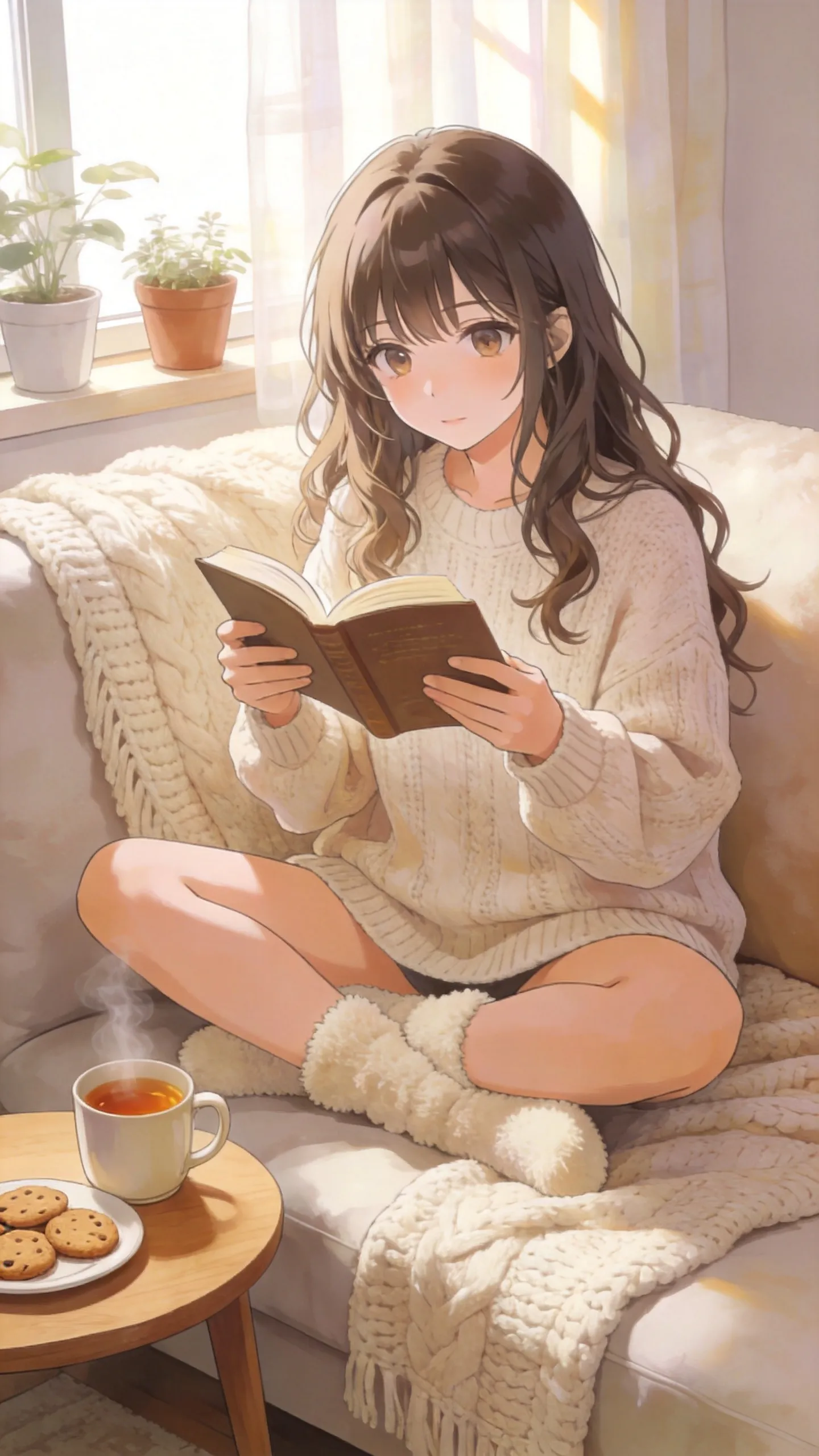 anime girl sitting cross-legged on a couch while reading a book, natural relaxed pose, cozy indoor environment