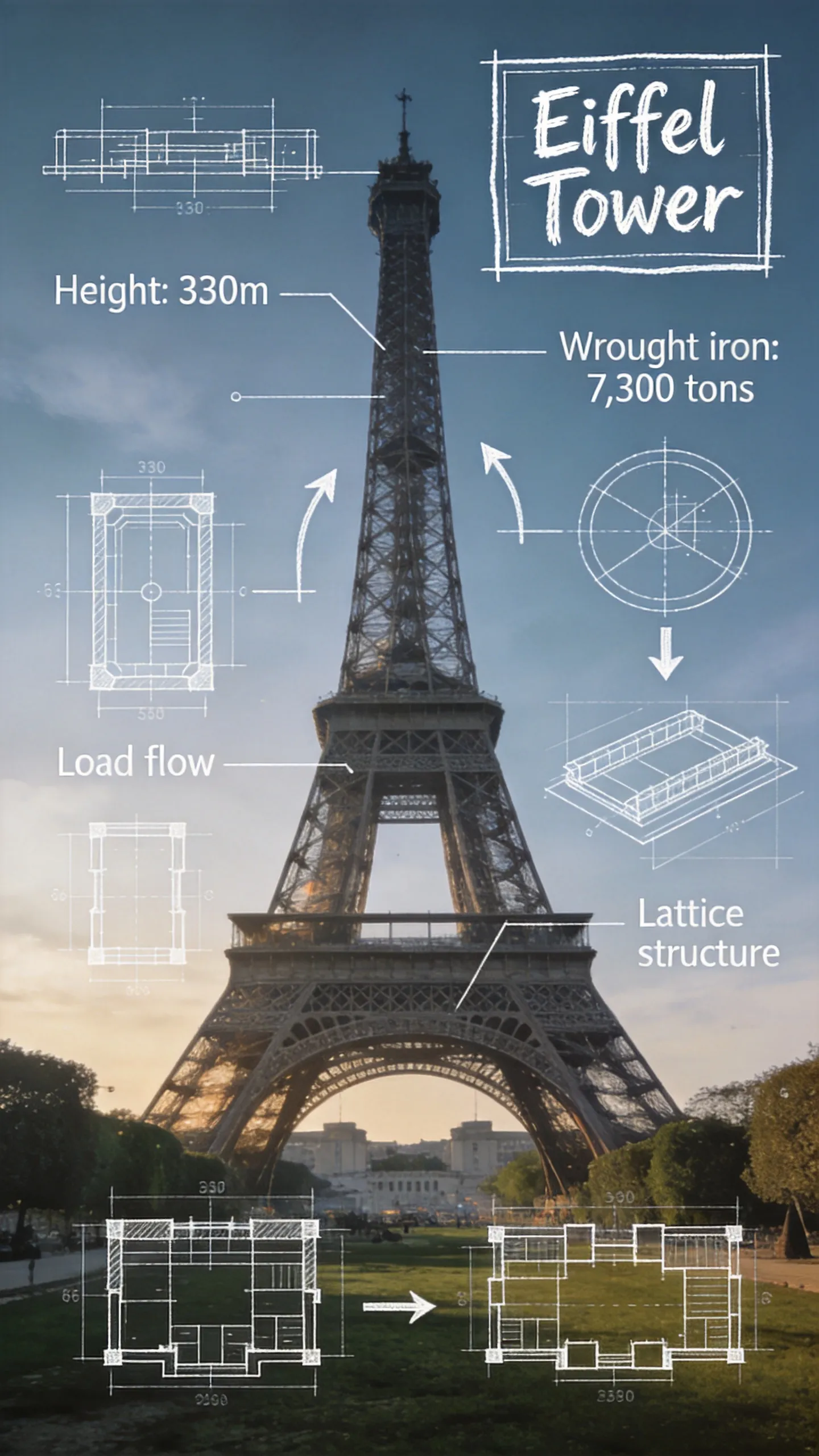 [Title]: Eiffel Tower
Create an infographic image of [Title], combining a real photograph of the landmark with blueprint-style technical annotations and diagrams overlaid on the image. Include the [Title] in a hand-drawn box in the corner. Add white chalk-style sketches showing key structural data, important measurements, material quantities, internal diagrams, load-flow arrows, cross-sections, floor plans, and notable architectural or engineering features. Style: blueprint aesthetic with white line drawings on the photograph, technical/architectural annotation style, educational infographic feel, with the real environment visible behind the annotations