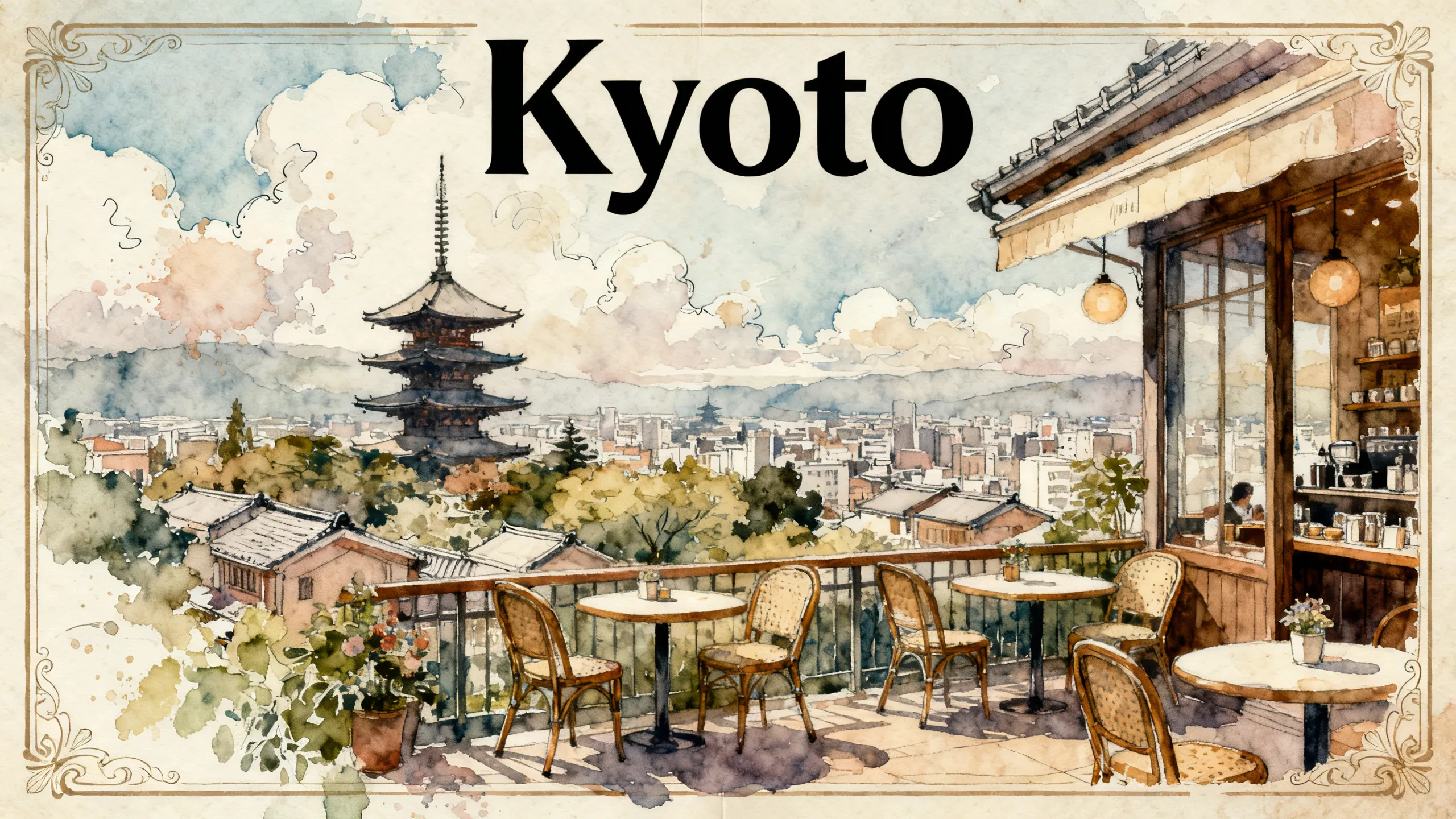 Vintage watercolor travel poster illustration, elegant [kyoto] travel advertisement aesthetic, soft hand-painted watercolor textures, detailed cityscape scenery, charming café terrace in the foreground, cozy chairs and tables, cinematic destination view, iconic landmarks in the background, dreamy cloudy skies, delicate ink outlines, pastel and earthy color palette, classic tourism poster typography, large bold destination title at the top, subtle paper grain texture, nostalgic travel journal feeling, peaceful wanderlust atmosphere, cozy lifestyle details, artistic watercolor splashes, storybook illustration style, refined architectural details, elegant framing and borders, soft natural lighting, romantic travel mood, sophisticated travel branding aesthetic, vintage postcard composition, high-detail watercolor painting, timeless European illustration style, Pinterest-worthy aesthetic, collectible travel print design, ultra detailed, 8k.
