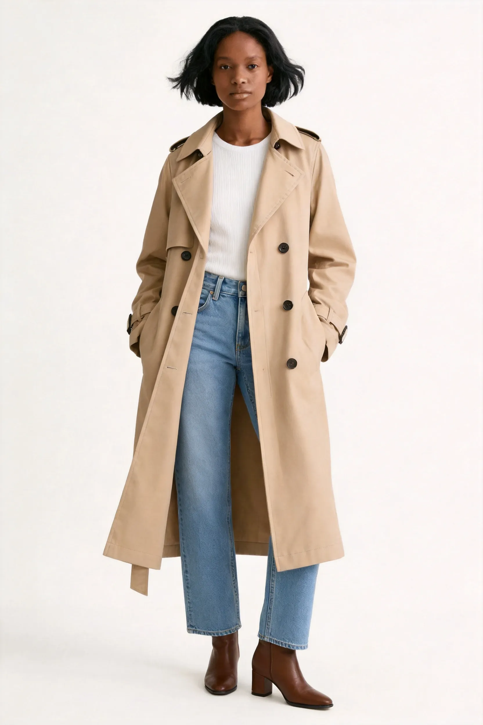 Full-body fashion photo of the same female model, wearing a beige trench coat over a white fitted ribbed top and light blue straight-leg jeans,
paired with brown leather ankle boots, smart casual city style, keep the same face, hairstyle, body proportions, pose, and background,
realistic fabric folds, natural lighting, clean layering.