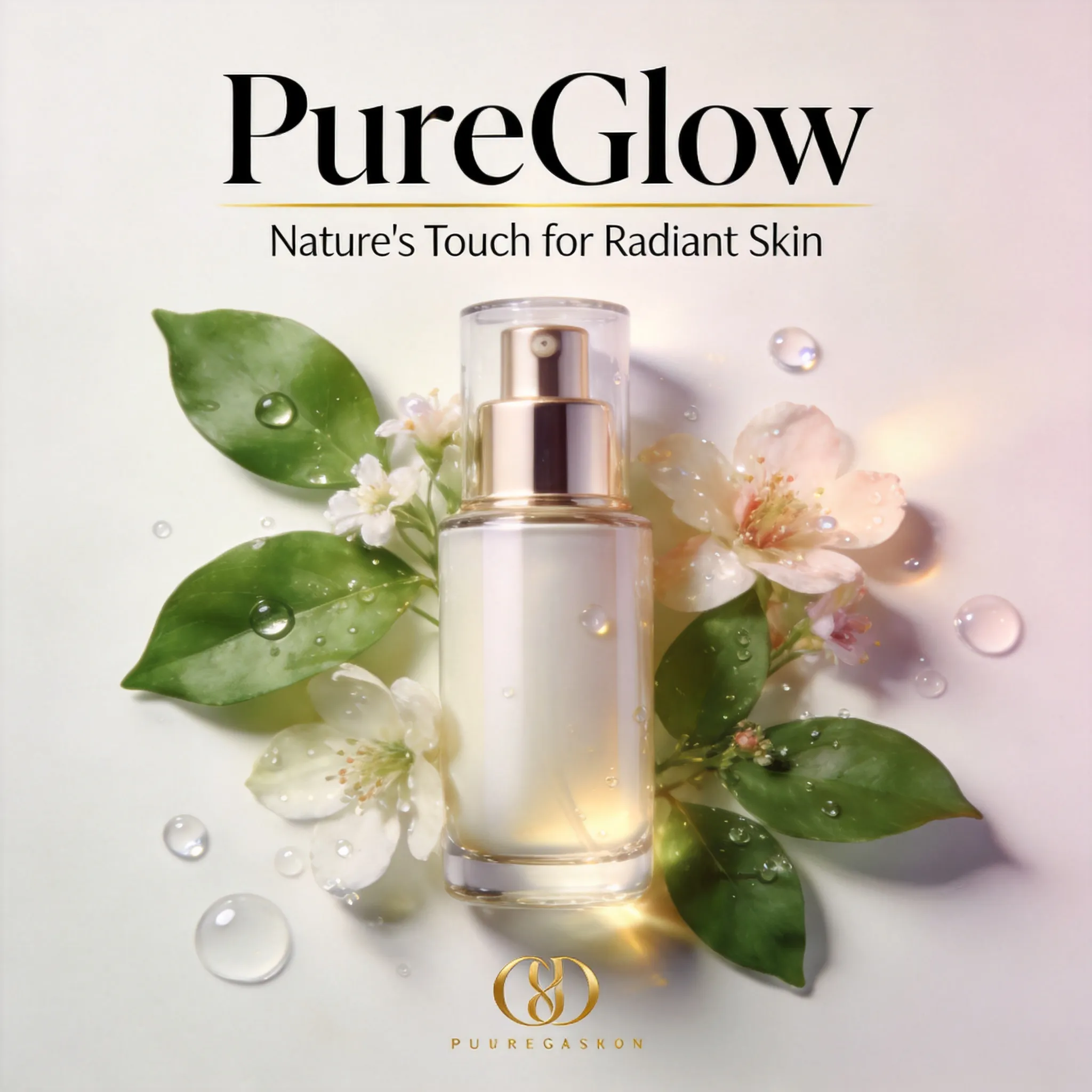 A premium skincare advertising poster for the product “PureGlow”, elegant cosmetic bottle surrounded by natural ingredients such as green leaves, flowers, and water droplets, soft glowing skin aesthetic, luxury beauty campaign style, clean modern layout, pastel color palette, cinematic studio lighting, glossy product reflections, high-end commercial photography, minimal yet sophisticated composition, magazine-quality beauty poster, ultra detailed textures, fresh botanical atmosphere, stylish typography area, slogan text: “Nature's Touch for Radiant Skin”, luxury skincare branding, 8K