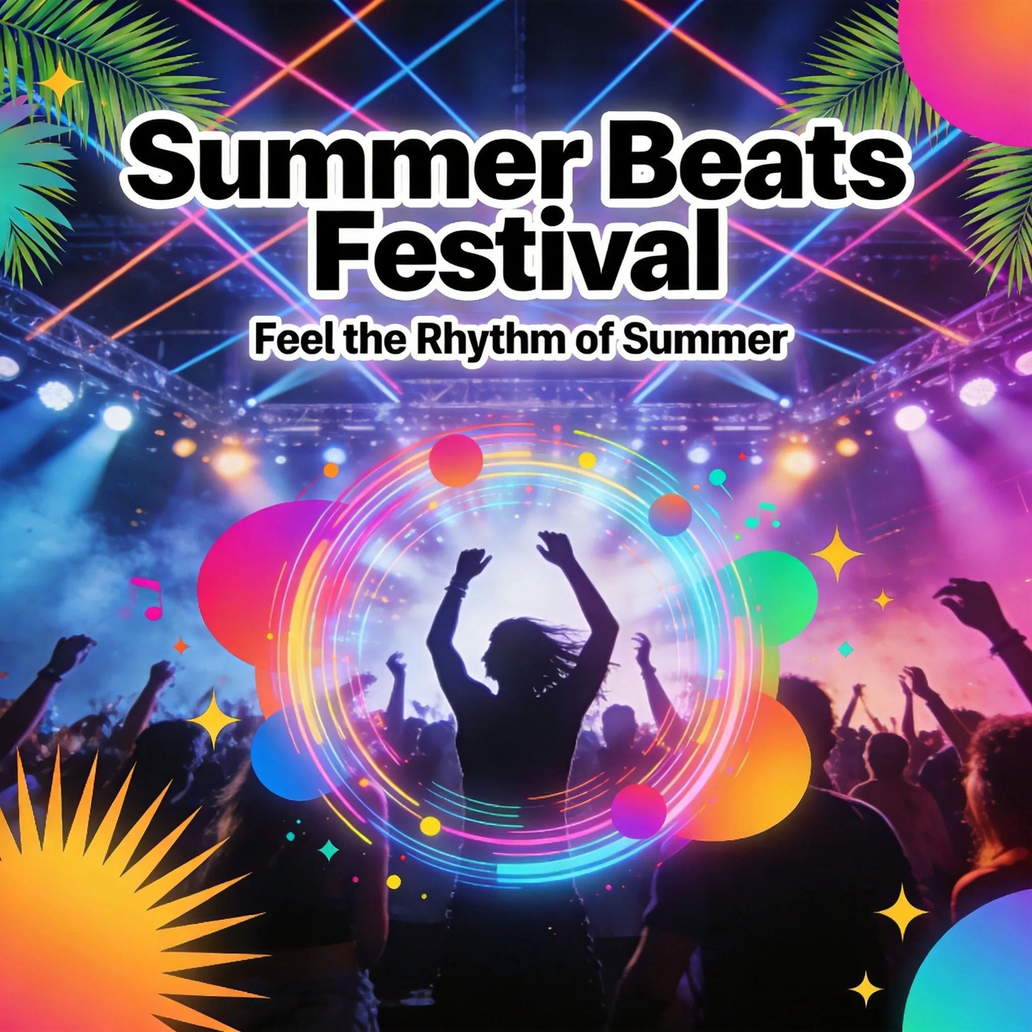 A vibrant festival poster for “Summer Beats Festival”, energetic concert atmosphere with colorful abstract graphics, neon gradients, dancing crowd silhouettes, dynamic music visual effects, tropical summer vibe, stage lights and laser beams, modern graphic design composition, bold typography layout, youthful and trendy aesthetic, bright saturated colors, electronic music festival poster style, cinematic lighting, layered visual elements, eye-catching advertising design, slogan text: “Feel the Rhythm of Summer”, ultra detailed, 8K