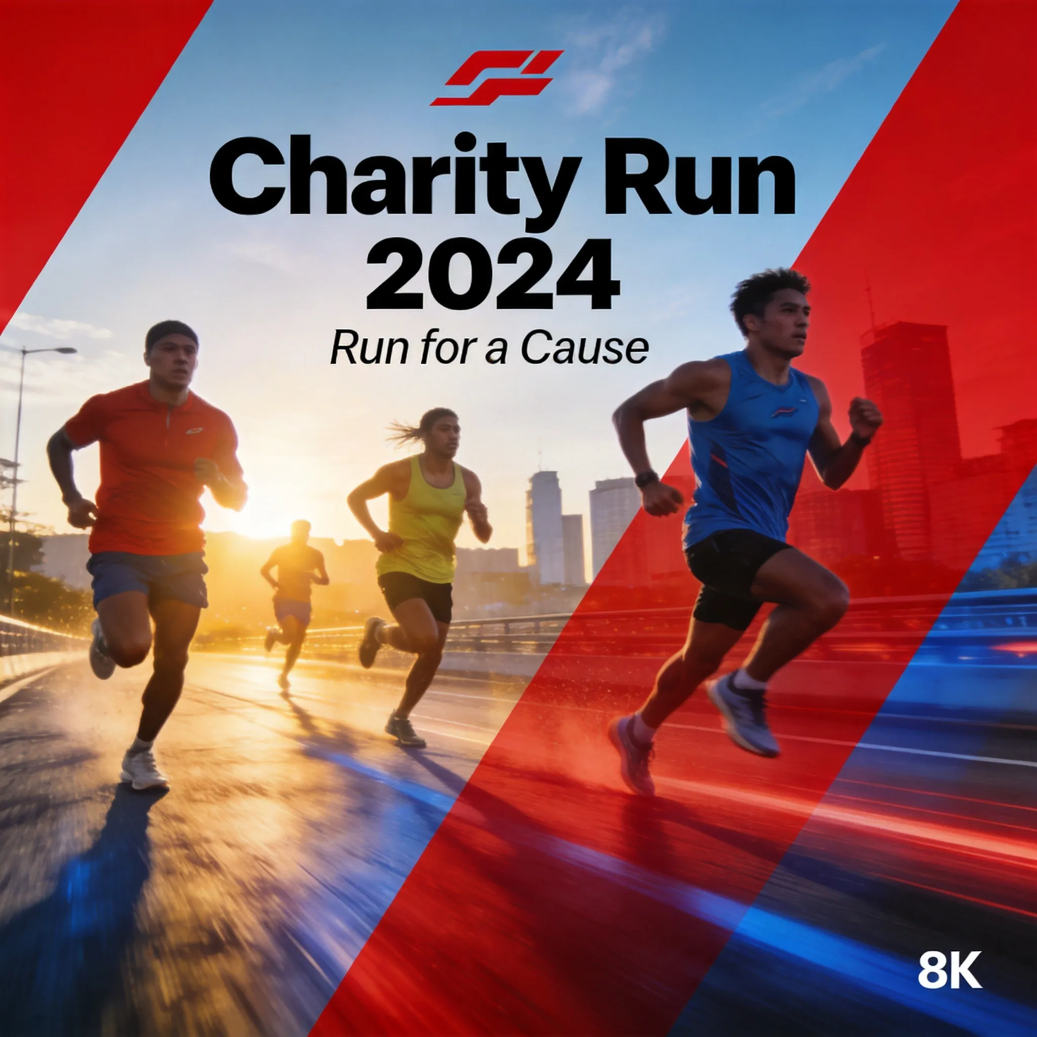 A dynamic charity marathon poster for “Charity Run 2024”, runners captured in motion with powerful athletic poses, sunrise city background, inspirational atmosphere, energetic composition, motion blur effects, modern sports campaign design, realistic sportswear textures, dramatic lighting, motivational visual storytelling, clean typography space, vibrant red and blue color palette, professional event advertising style, cinematic action photography aesthetic, slogan text: “Run for a Cause”, ultra detailed poster design, 8K