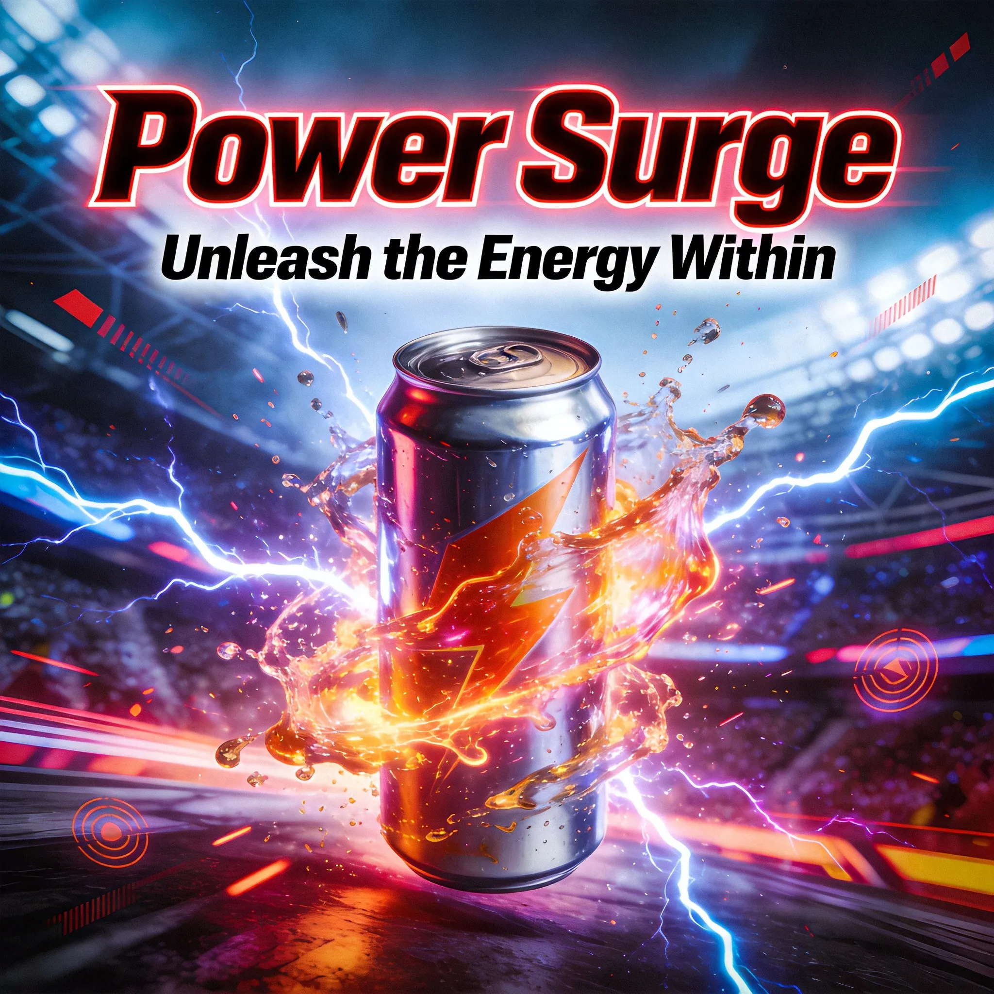 A bold advertising poster for the energy drink “Power Surge”, explosive splashes of liquid energy surrounding the can, vibrant neon colors, electric lightning effects, extreme sports atmosphere, dynamic composition, glossy metallic can reflections, futuristic commercial design style, high contrast lighting, energetic motion graphics aesthetic, powerful typography layout, modern beverage campaign style, cinematic visual impact, slogan text: “Unleash the Energy Within”, ultra detailed commercial rendering, 8K