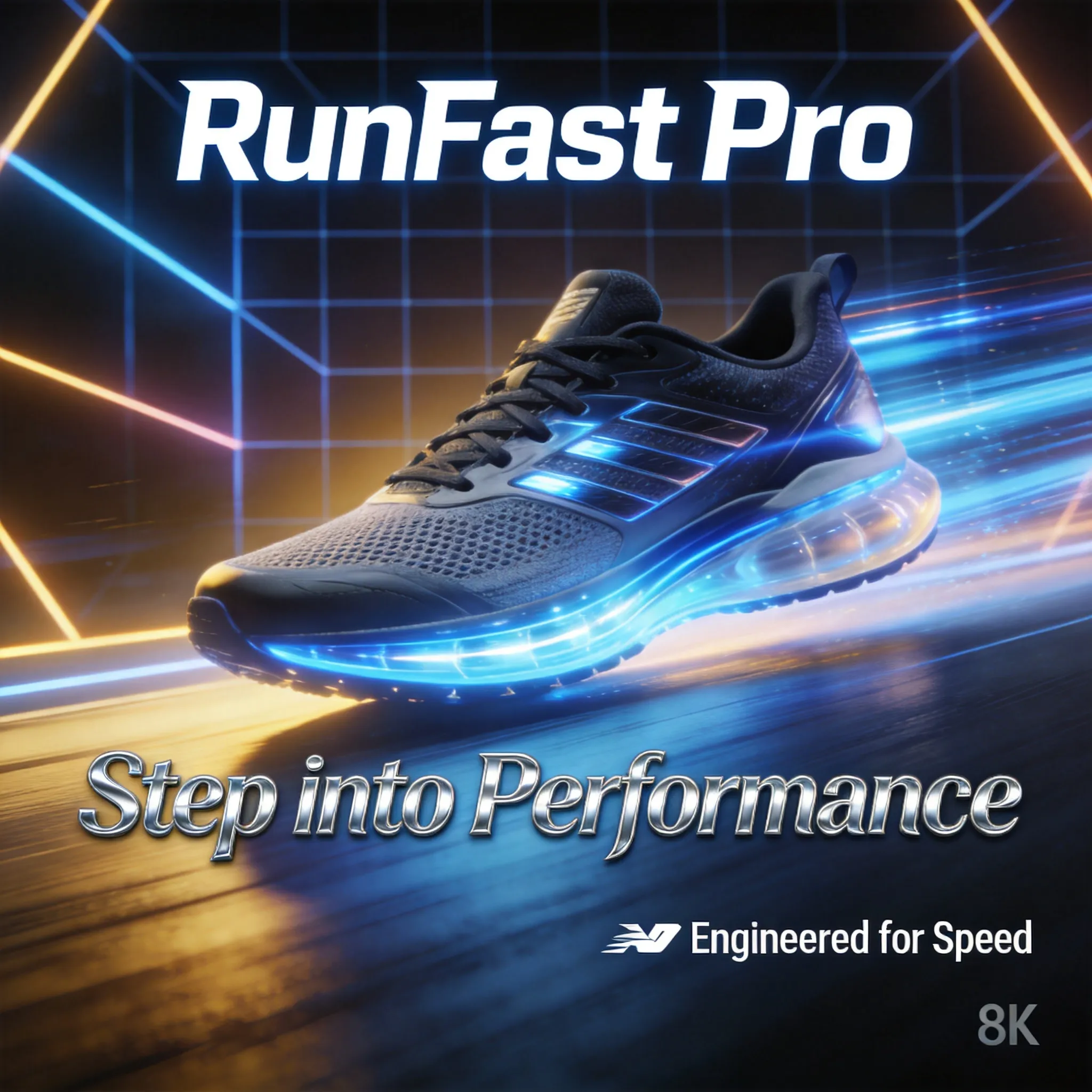 A premium sports shoe advertising poster for “RunFast Pro”, sleek running shoes showcased with dynamic motion effects, futuristic sporty background, glowing speed trails, modern athletic branding aesthetic, realistic shoe materials and textures, cinematic product lighting, clean professional layout, energetic performance atmosphere, stylish typography composition, high-end sportswear campaign design, dramatic perspective, slogan text: “Step into Performance”, ultra detailed commercial poster, 8K