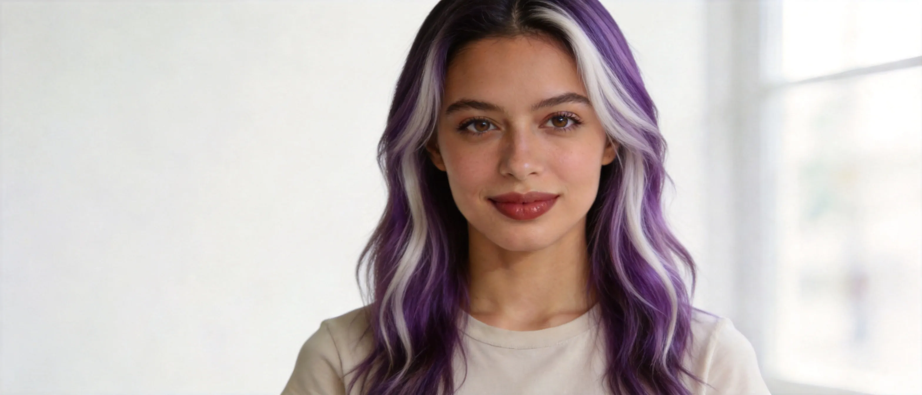 Change my hair color to purple and white highlighted style.