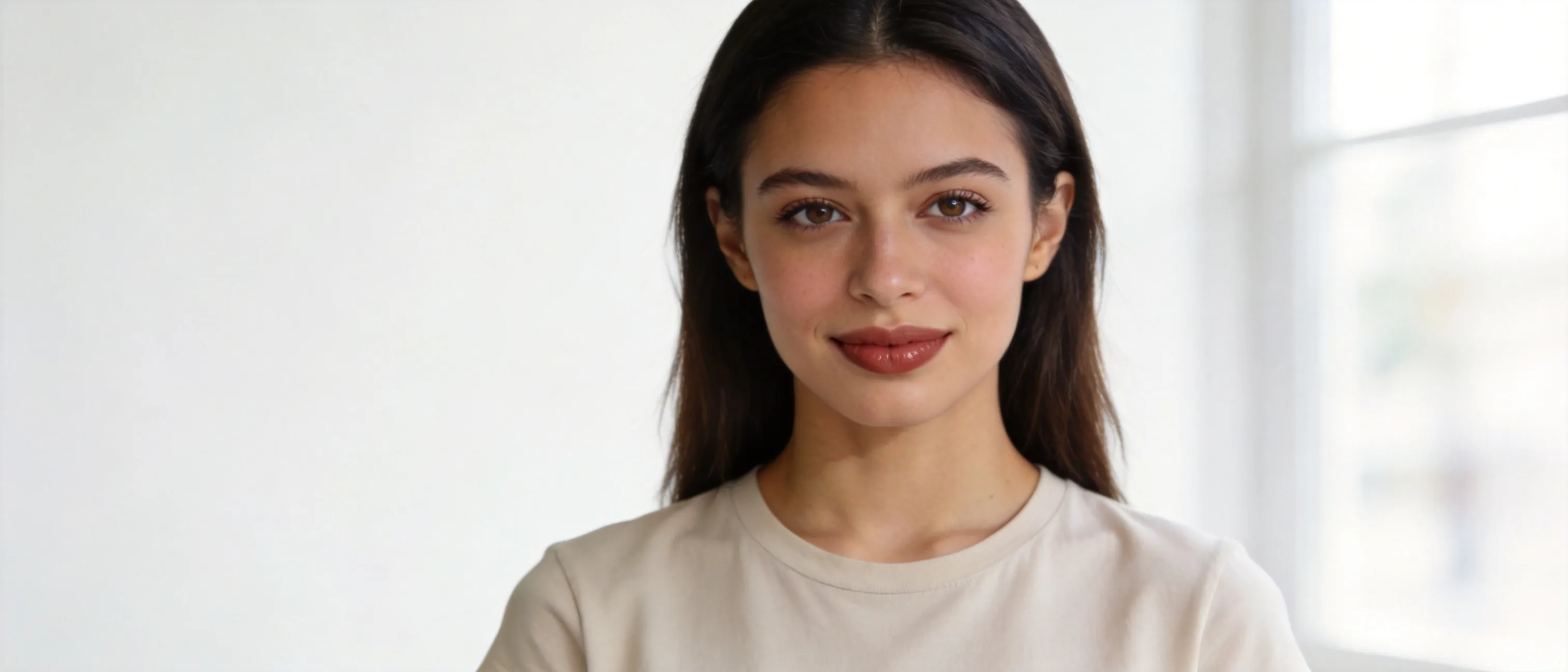 A professional high-resolution photo of a young adult woman, standing facing the camera, front view, neutral expression, simple white background, soft natural window lighting, sharp focus on eyes, casual everyday clothing (like a plain t-shirt or blouse), natural makeup, looking friendly but neutral, shot on 50mm lens, f/2.8, realistic skin texture, no heavy editing, full head and shoulders in frame.