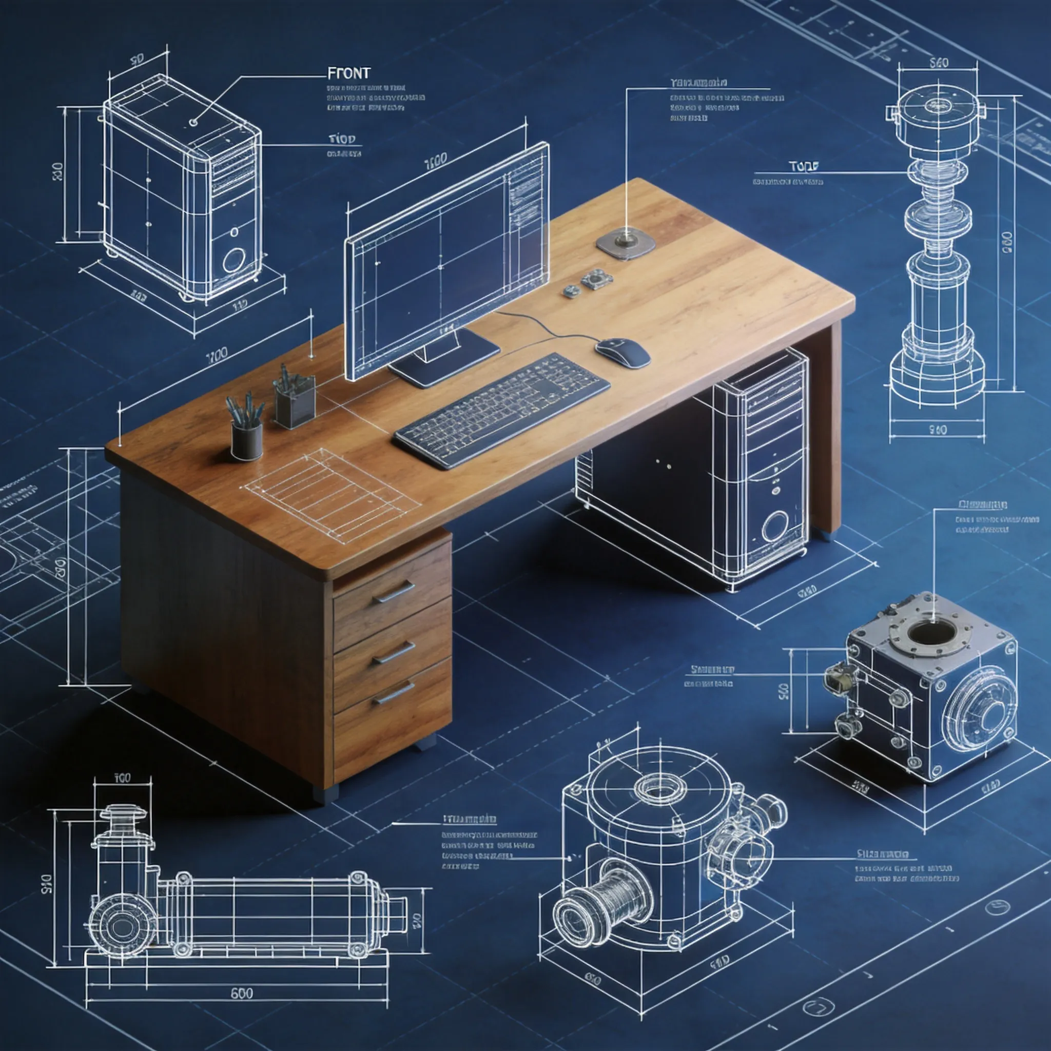 A detailed industrial blueprint of a modern wooden desk, technical drawing style, multiple orthographic views including front, side, top, and isometric perspective, precise measurements and annotations, exploded assembly diagram, clean engineering linework, blueprint paper background, white technical lines on dark blue surface, realistic drafting details, industrial product design schematic, CAD-style rendering, highly detailed mechanical drawing aesthetic
