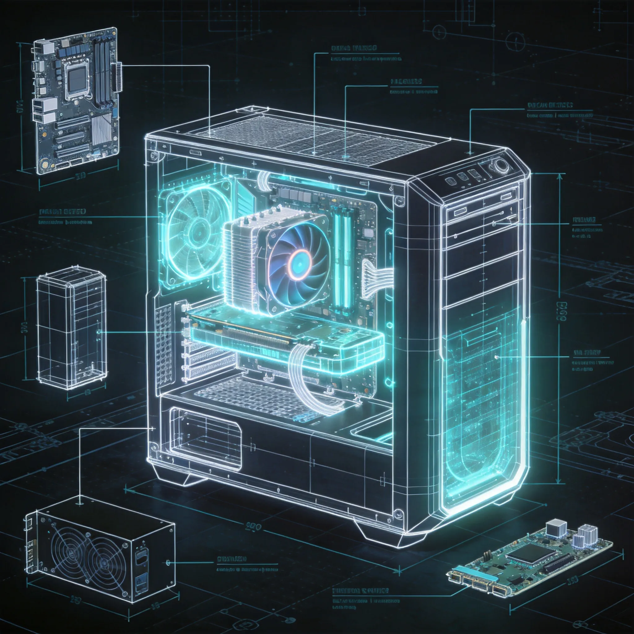 A futuristic computer engineering blueprint, detailed technical schematic of a high-performance desktop computer, exploded internal components layout including motherboard, cooling system, GPU, and power supply, precise engineering annotations, orthographic projection views, glowing holographic blueprint aesthetic, CAD technical drawing style, white and cyan linework on dark blueprint background, ultra detailed industrial design documentation