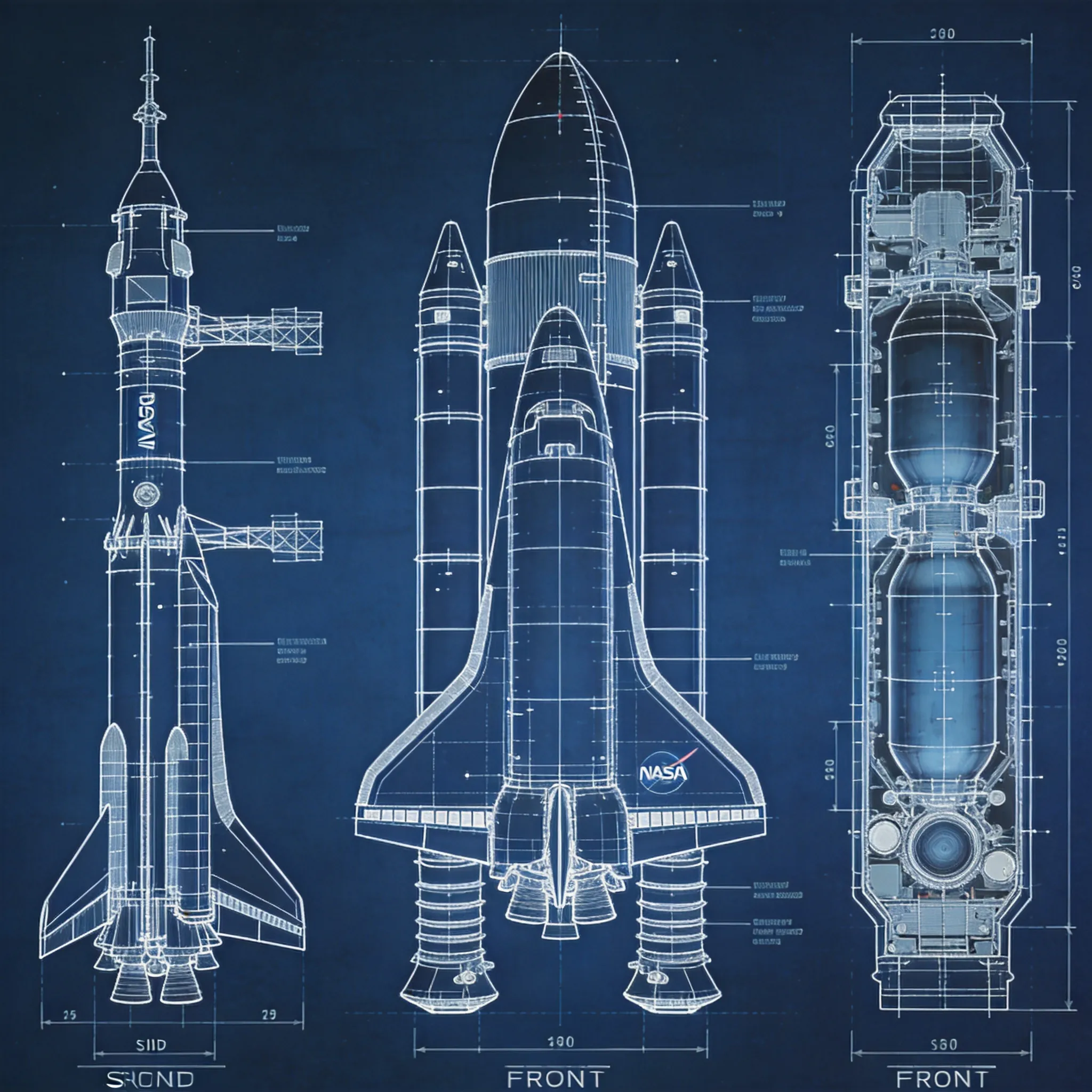 A highly detailed rocket engineering blueprint, massive space launch vehicle shown in side, front, and cross-sectional views, internal fuel tanks and propulsion systems visible, aerospace engineering annotations, scientific measurement markings, NASA-inspired technical drafting style, white blueprint linework on dark blue background, ultra detailed CAD schematic, futuristic aerospace design documentation, industrial technical illustration