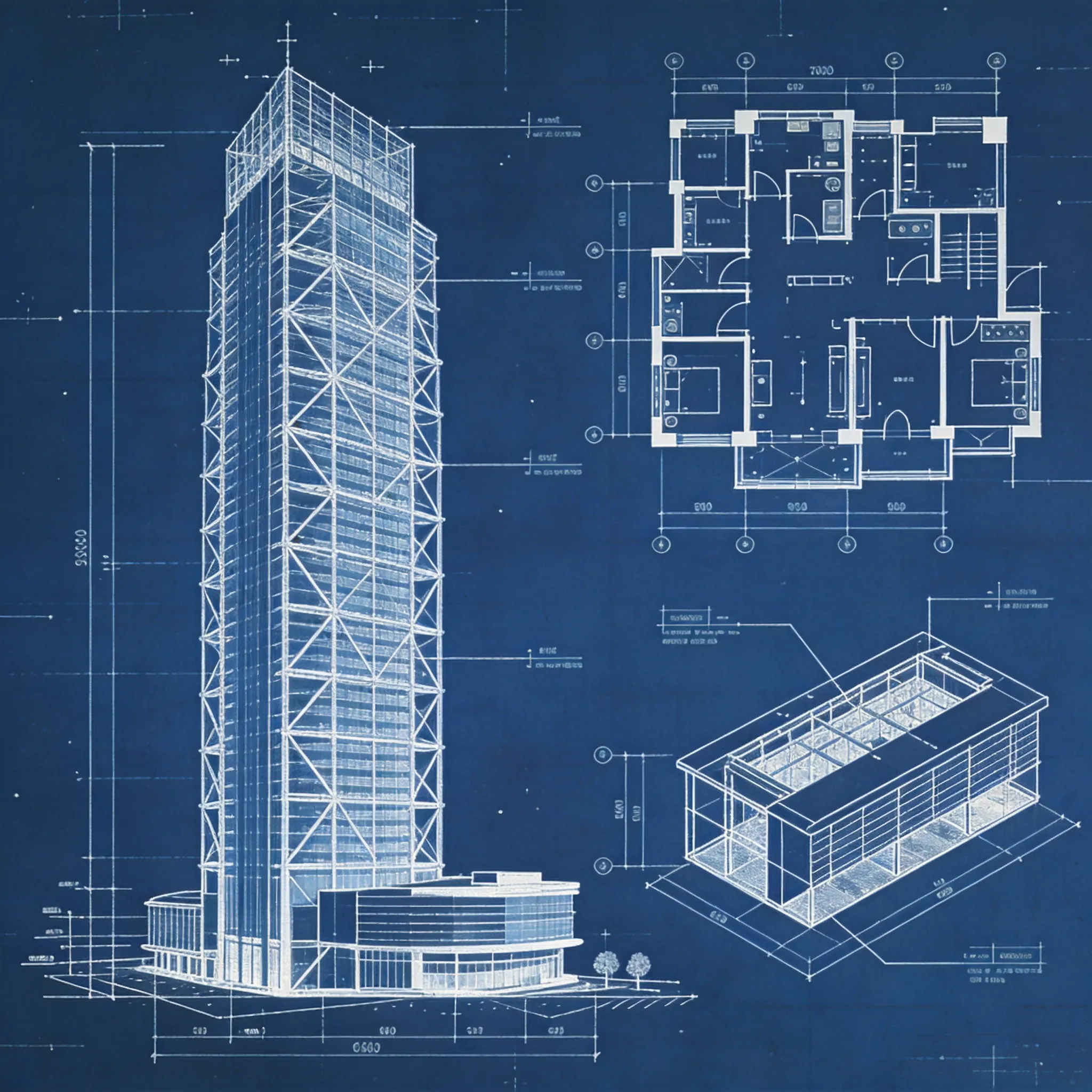 An architectural blueprint of a futuristic skyscraper, detailed building floor plans, structural framework diagrams, front elevation and isometric perspective views, modern architectural drafting style, engineering annotations and measurements, clean white technical lines on deep blue blueprint paper, ultra detailed architectural visualization, realistic CAD blueprint aesthetic, high-rise building construction schematic
