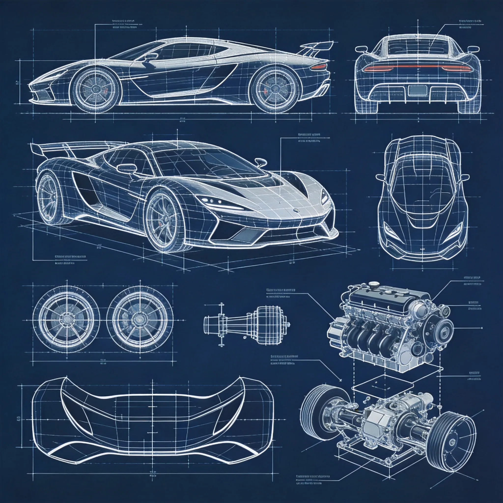 A detailed automotive engineering blueprint of a futuristic sports car, multiple technical views including side profile, front, rear, top, and exploded mechanical components, aerodynamic design sketches, wheel and engine schematics, precise industrial annotations, blueprint drafting style, white technical linework on dark blue background, ultra detailed CAD automotive illustration, concept car industrial design aesthetic