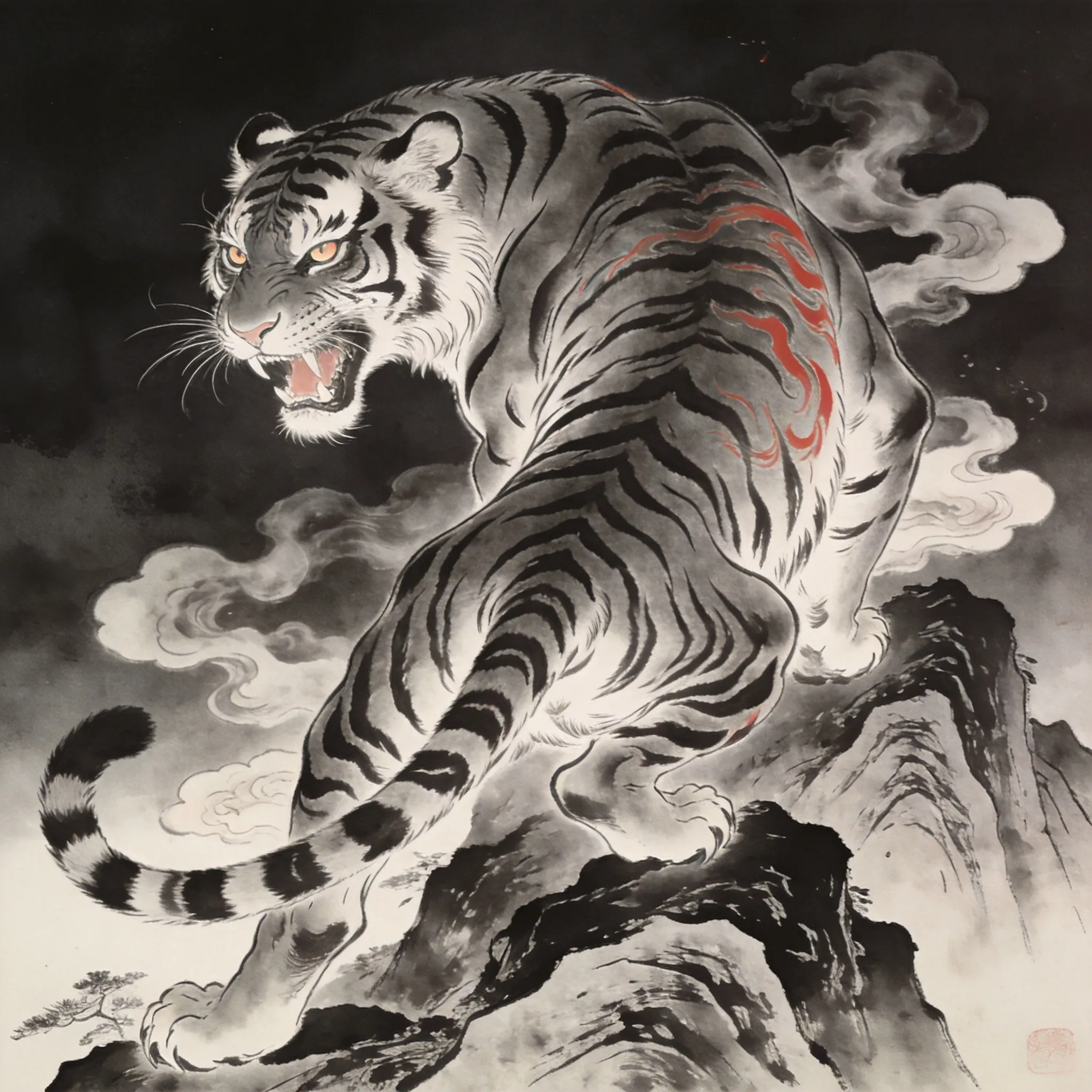 A fierce downhill tiger tattoo design, powerful tiger descending from rocky mountains, intense eyes and dynamic roaring pose, flowing fur details, traditional Asian tattoo composition, black and grey ink shading with subtle red accents, muscular anatomy, smoke and cloud elements surrounding the tiger, highly detailed tattoo linework, dramatic contrast, realistic tattoo stencil style, full back tattoo aesthetic, Japanese irezumi influence, bold ink textures, dark atmospheric background