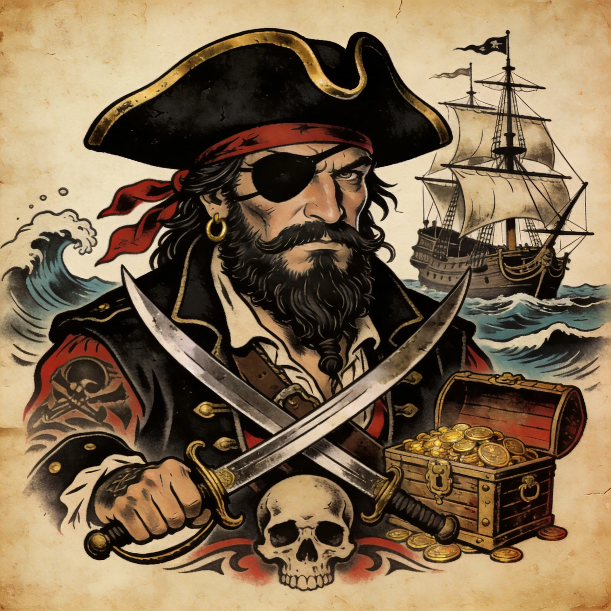 A detailed pirate tattoo design featuring a rugged pirate captain with a tricorn hat, crossed swords, treasure chest, skull motifs, ocean waves and an old sailing ship in the background, vintage nautical tattoo aesthetic, bold black ink outlines, traditional American tattoo style, weathered parchment textures, dramatic shading, realistic tattoo stencil artwork, rich dark tones with muted red and gold highlights, highly detailed pirate symbolism