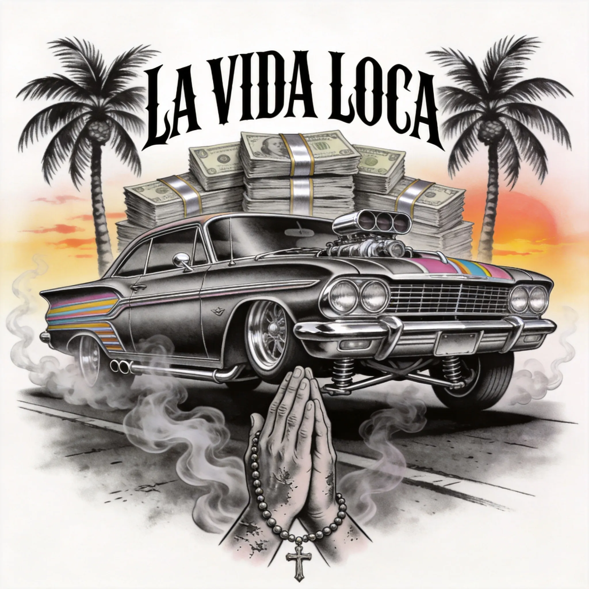A West Coast Chicano tattoo design, lowrider culture aesthetic, gothic lettering, palm trees, money stacks, vintage cars, praying hands, smoke effects, realistic black and grey tattoo shading, urban Los Angeles street atmosphere, fine-line tattoo detailing, bold contrast, gangster-style visual composition, highly detailed tattoo artwork, realistic airbrush shading, classic West Coast tattoo culture style