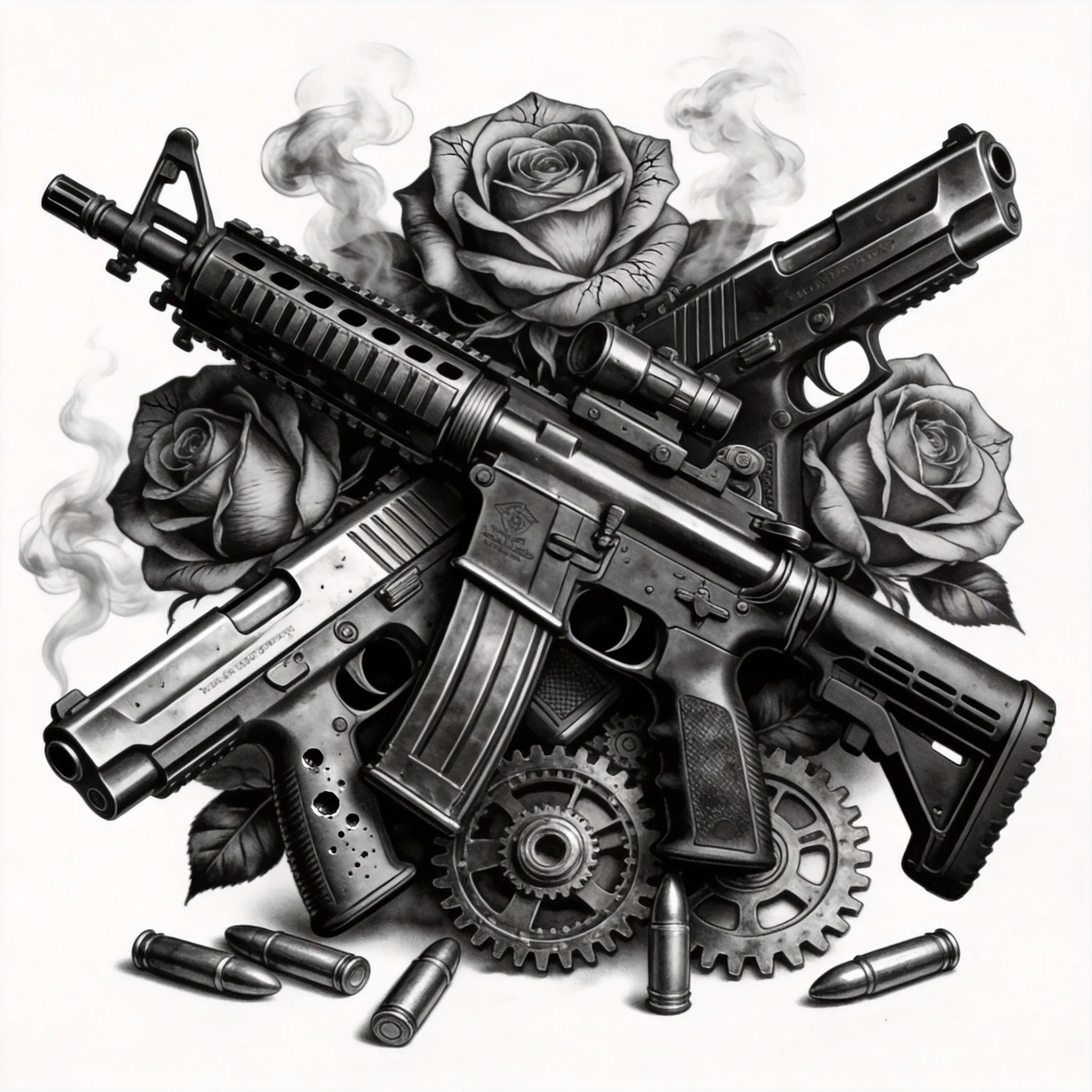 A realistic firearm tattoo design featuring detailed pistols and assault rifles intertwined with roses, smoke, mechanical gears and bullet casings, ultra detailed metallic textures, black and grey tattoo realism style, dramatic shading and highlights, high-contrast tattoo composition, realistic engraved weapon details, masculine tattoo aesthetic, dark gritty atmosphere, highly detailed stencil artwork, full sleeve tattoo design style