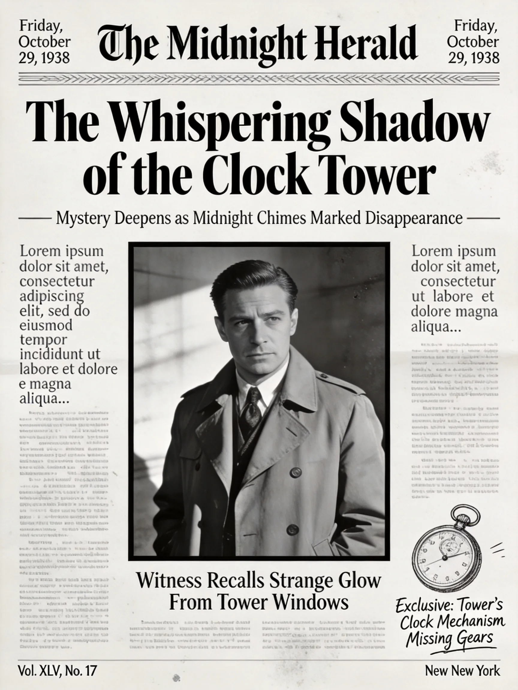 Create the most realistic front page design of a vintage newspaper featuring the main character. The layout should be made in the style of a real printed newspaper with a cinematic black-and-white aesthetic.
The main photo should be prominently placed in the center, framed, like the image in the title of the article. The subject in the photo should remain unchanged and clearly distinguishable in natural light and slightly increased contrast in order to match the spectacular editorial style.
Create a bold, attention-grabbing headline at the top (create a unique title that matches the spirit of the photo - it can be romantic, mysterious, funny, or dramatic). Add a smaller subtitle under it, which will look like a real newspaper caption.
Add realistic newspaper elements:
Columns of small text (in the style of lorem ipsum, but framed like real news)
At the top is the fictitious name of the publication (for example, The Daily Prompts, AI Times or similar - think creatively, according to the picture)
Date, issue number and location
Decorative lines, dividers, and vintage typography
Small additional articles or captions to the main image
Optional stamps, doodles, or editorial notes to add personality.
Style:
Black and white or slightly faded monochrome paper
Fine paper texture, grain, and ink defects
Small shadows and creases that mimic real printed paper
The aesthetics of a clean but slightly worn vintage newspaper
Mood: Give the design personality, expressiveness and plot, as if the plot is part of the main article.
Aspect ratio: 4:5 or 1:1
High-detail, ultra-realistic hybrid of editorial photography and print design.