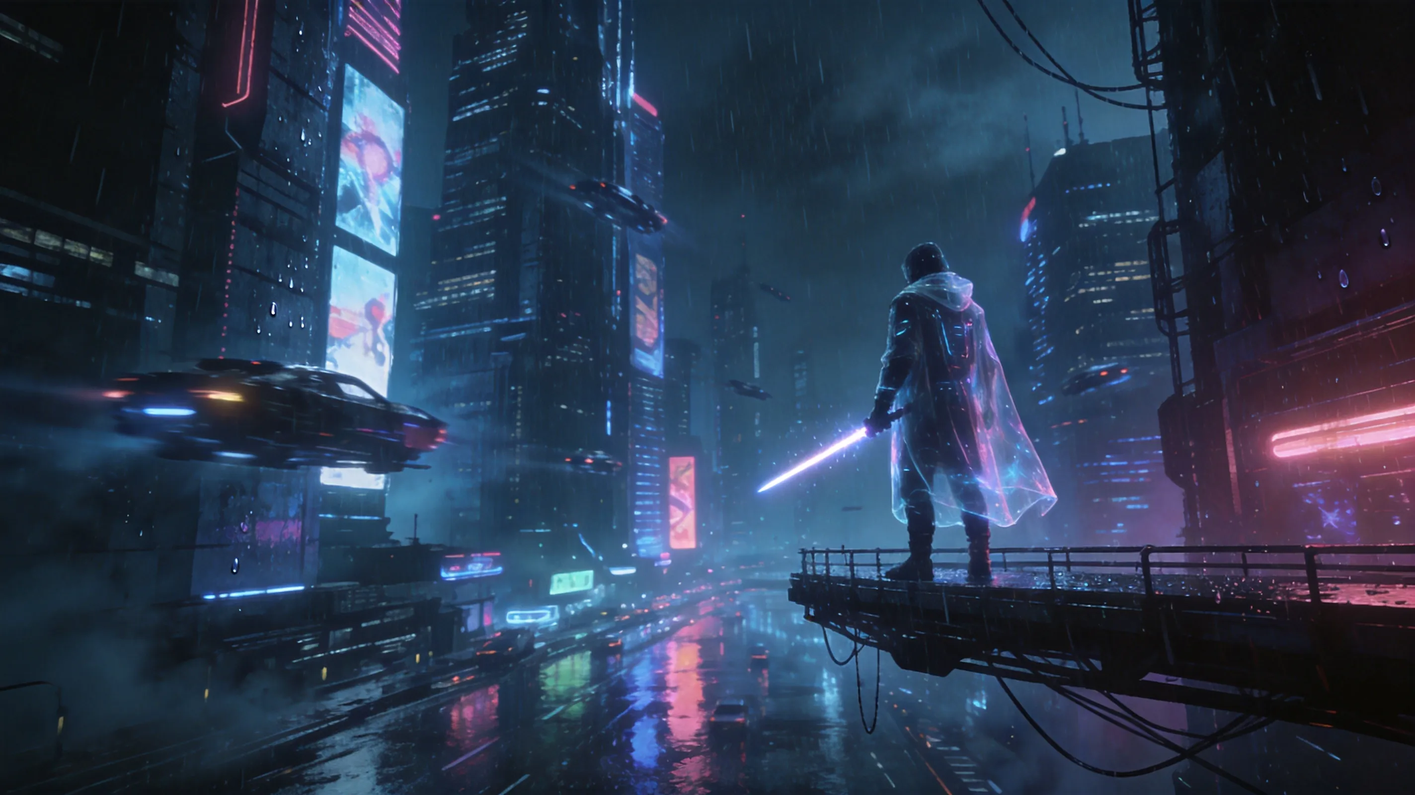Cinematic sci-fi scene, futuristic megacity with towering neon-lit skyscrapers, flying vehicles weaving between buildings, rain-slicked streets reflecting holographic advertisements. A lone cyber-enhanced figure wearing a high-tech translucent cloak stands on a suspended skybridge, holding a glowing energy blade. Atmosphere: dark, moody, with deep blue and magenta lighting, volumetric fog, dramatic rim lighting. Hyper-detailed, 8K, Unreal Engine 5 render, cyberpunk aesthetic, Blade Runner 2049 vibe.