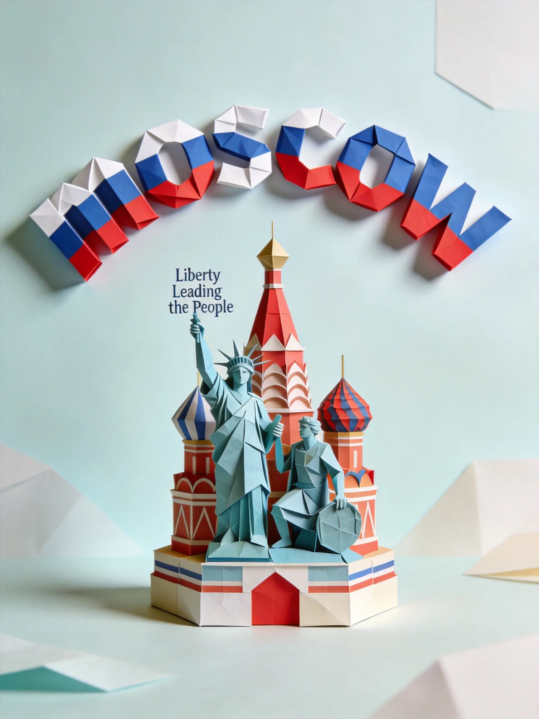 A square 1:1 format digital photograph of an intricate paper origami model representing (Liberty Leading the People), folded from textured colored paper and centered in the frame. Above it, the word (moscow) appears in bold origami-style letters, folded from vibrant paper using the national colors of the country, and arranged in a graceful arch. The background is soft and minimal, in a light pastel or neutral tone with subtle paper textures or abstract geometric details. Lighting is soft and diffused, casting natural shadows that enhance the depth and sharpness of each fold. The overall style is clean, realistic, and handcrafted, emphasizing material texture, geometric precision, and visual harmony.