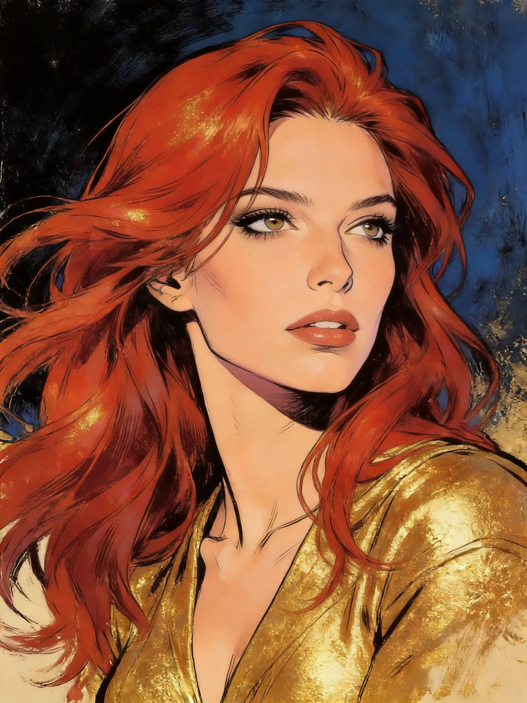 a woman with long red hair in a gold painting,in the style of charlie bowater,dark blue and dark black,michael garmash,comic art,realistic color palette,dark black and beige,soft-focused realism --ar 24:37 --stylize 750 --v 6
