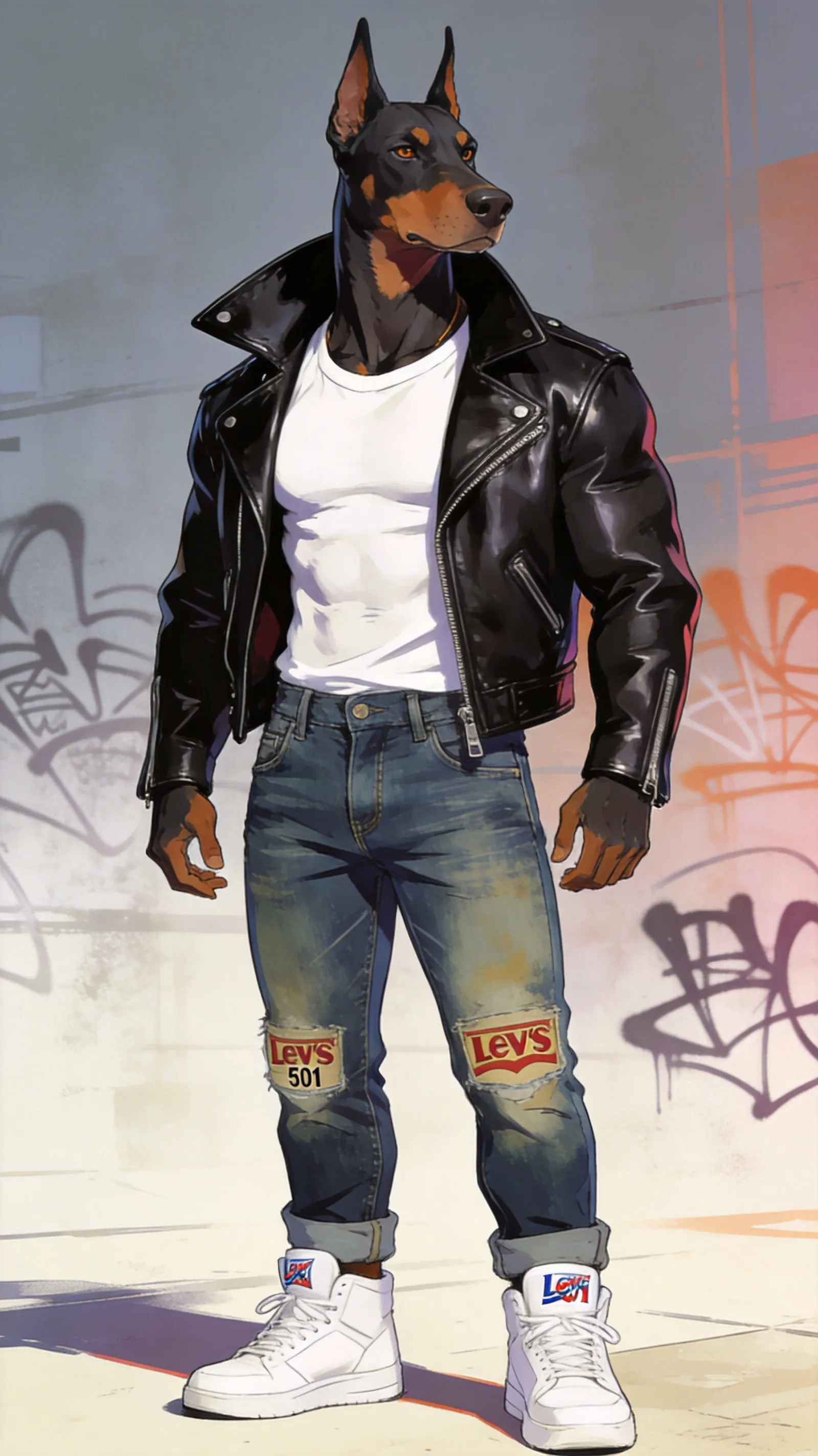 Utilise le style graphique de l'image présentée en référence pour générer une image avec les éléments suivants : "Une illustration,un doberman anthropomorphe,vêtu d'un t shirt blanc,d'un perfecto,d'un jean modèle Levi's 501 et d'une paire de baskets" format 9:16