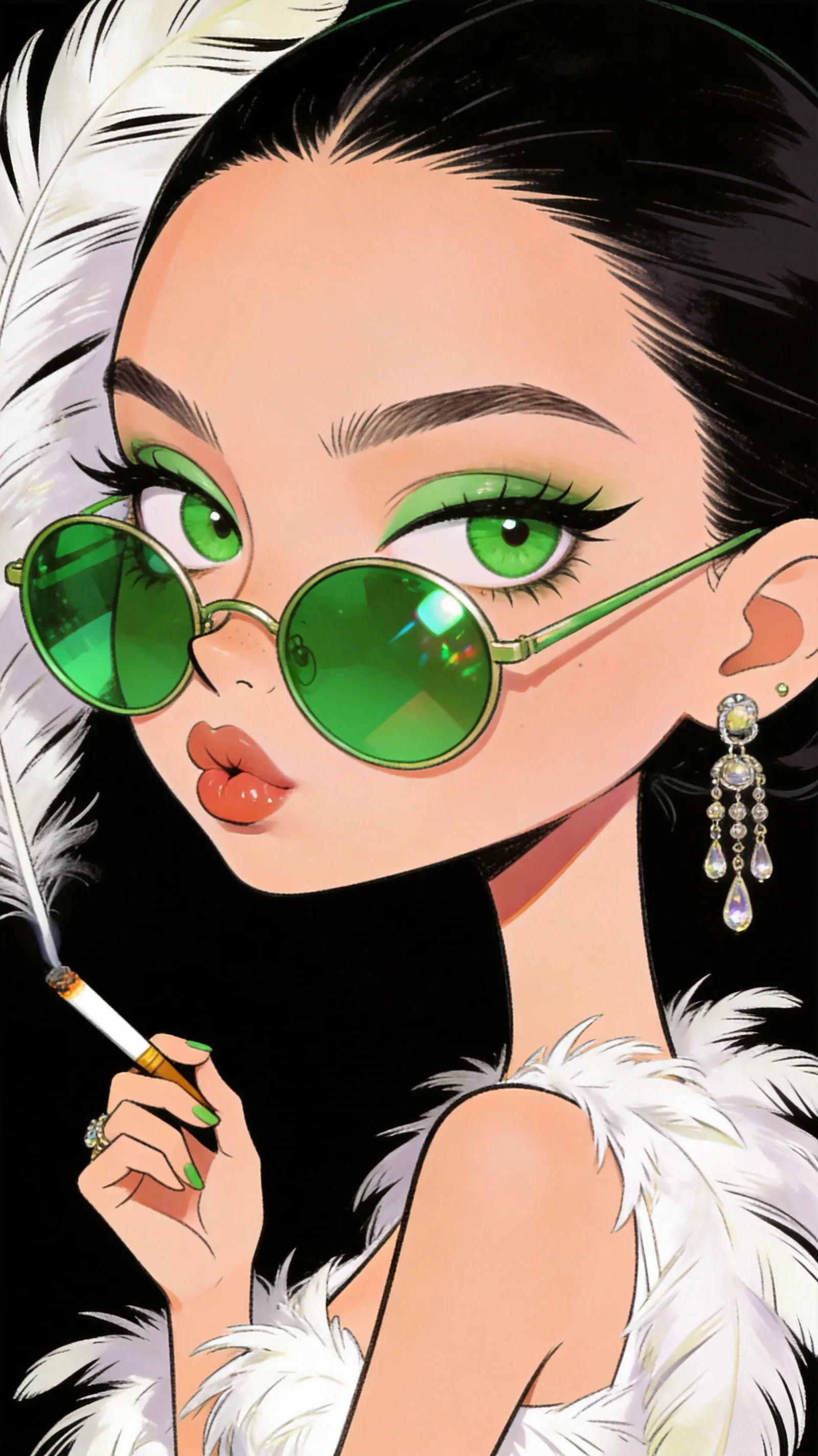 funny caricature,eccentric fashionista character,[female],[unspecified ethnicity],[22 years old],[pale-skinned],[green-eyed],[pouty-lipped],exaggerated facial features,elongated neck,oversized head,slim body type,large eyes,tiny nose,full lips,aloof expression,the fashionista character is wearing [a white feathery outfit],accessorized with[ large round green sunglasses],dangling earring,cigarette holder,side profile pose
