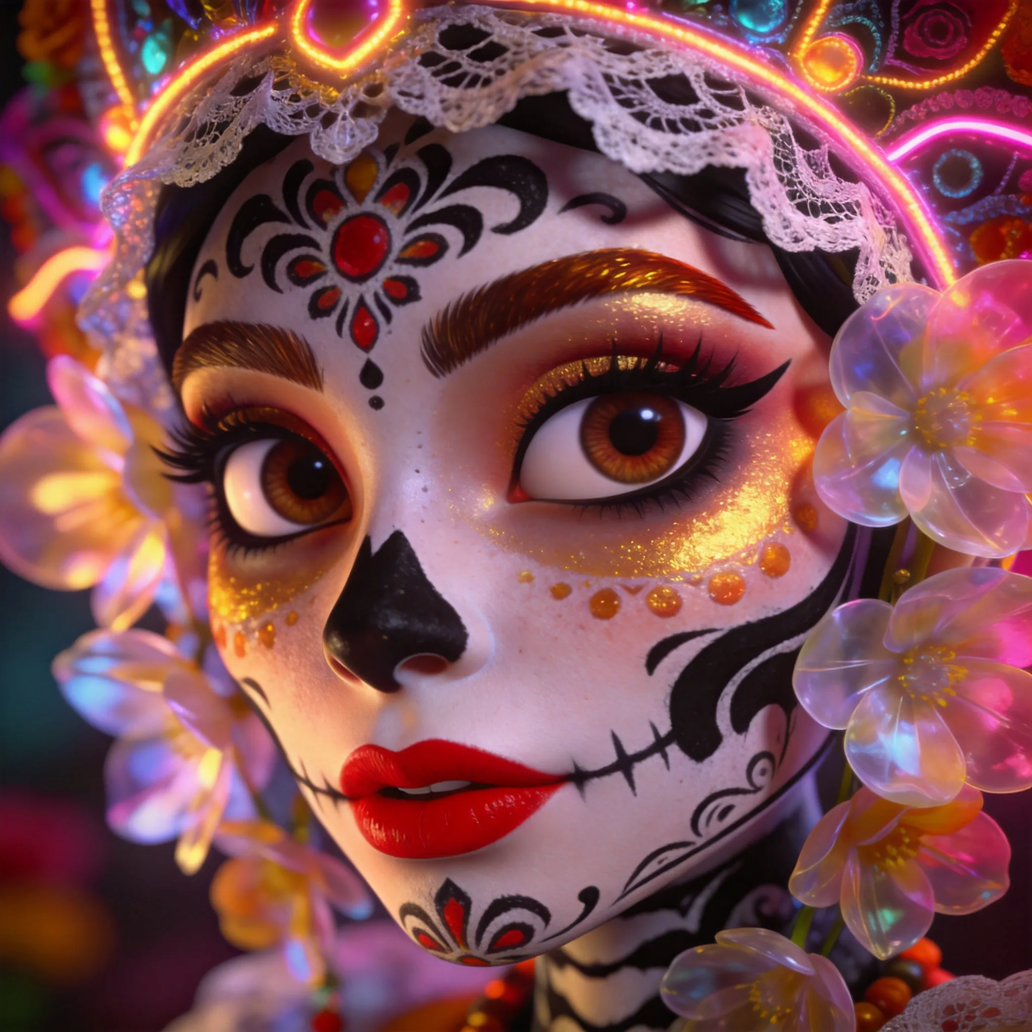 young Western woman day of the dead,in the style of Unreal Engine 5,caricature-like illustrations,exaggerated facial expression,close up --ar 1:2 --personalize yruxpc2 --stylize 750 --v 6.1