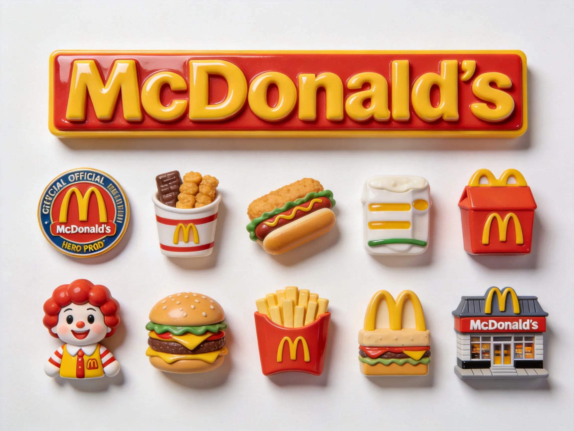 A clean top-down flat-lay of exactly 9 hyper-realistic 3D resin fridge magnets on a pure white background,themed around McDonald One wide rectangular text magnet at the top center reads "McDonald' " in bold glossy 3D letters using the brand’s signature colors.Below it,9 small resin magnets are arranged in a precise 3x3 grid with even spacing: official logo badge,hero product,secondary product,third iconic product or packaging,chibi mascot/character,fifth iconic branded item,sixth iconic branded item,seventh iconic branded item,and the brand’s storefront or headquarters building facade.All magnets are slightly raised with soft drop shadows,realistic resin texture,polished finish,bright warm studio lighting,photorealistic commercial product render,minimal white composition,sharp focus