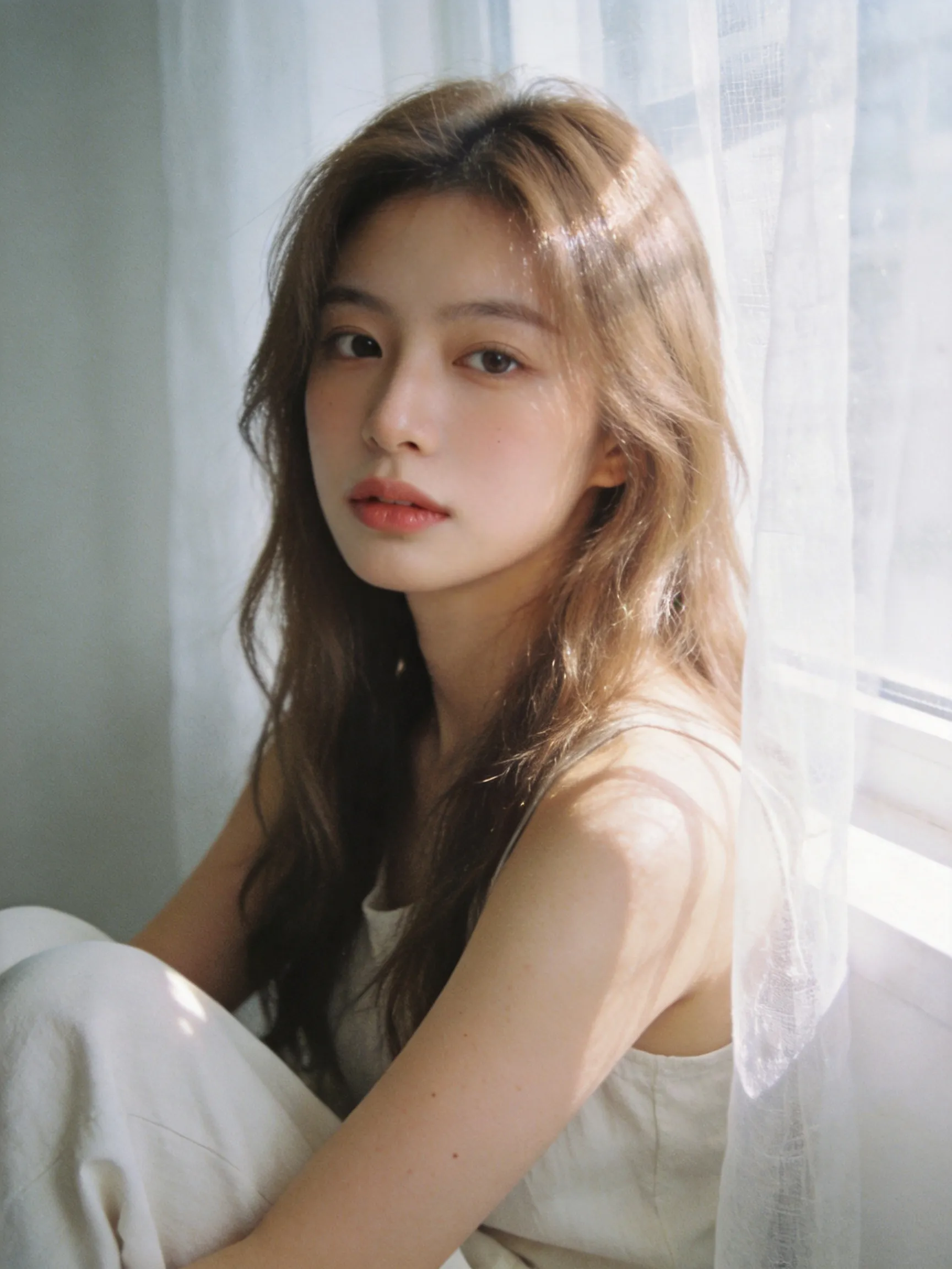 年轻东方少女,浅棕色长发,淡妆,清冷温柔气质,日系自然光,窗边柔光,胶片质感,8K 超高清,细节拉满,浅色系穿搭,简约背景,电影级构图