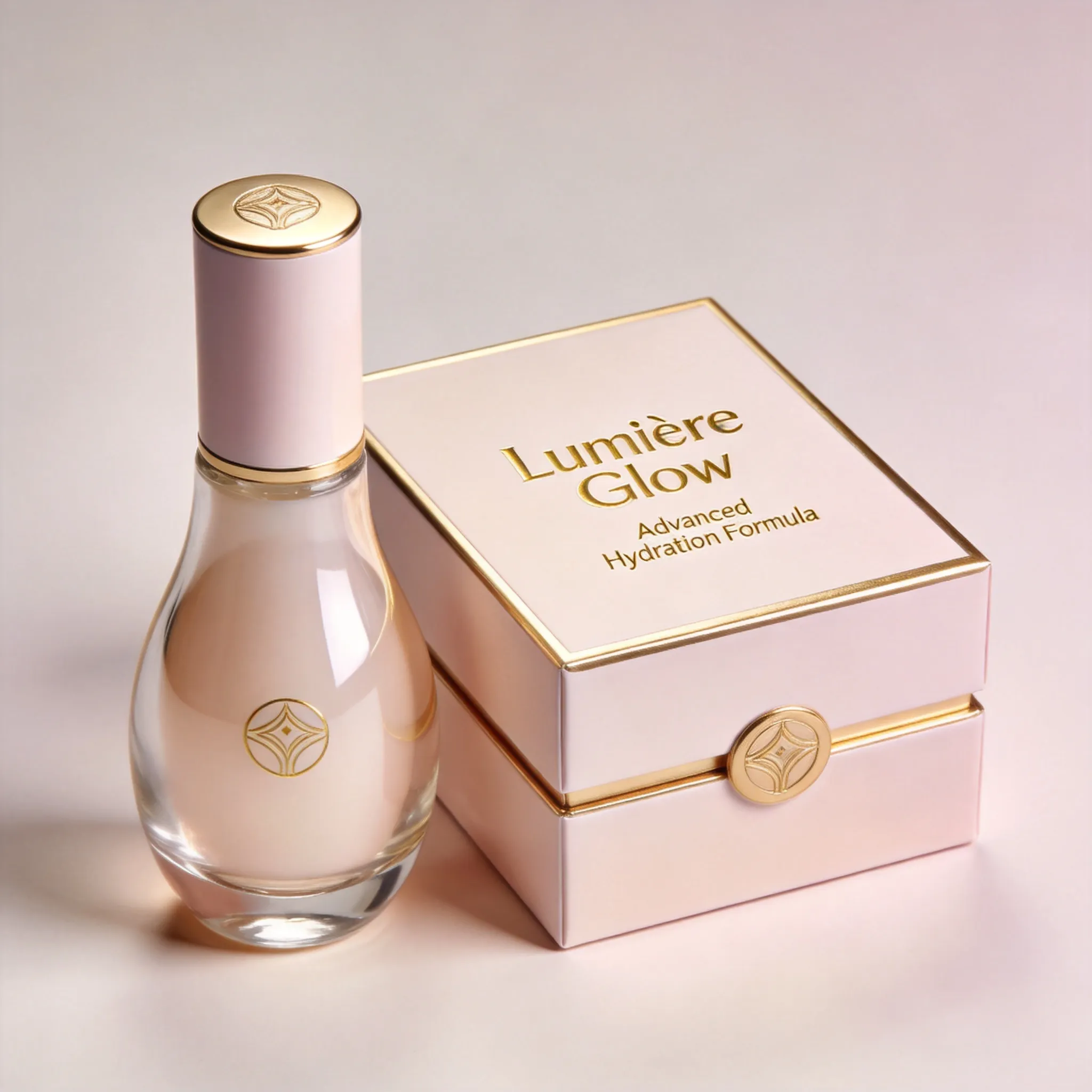 A luxury skincare product packaging design, elegant cosmetic bottle and premium box packaging, minimalist branding style, soft pastel colors, gold foil accents, clean typography layout, modern beauty industry aesthetic, realistic material textures, matte and glossy surface combination, high-end commercial packaging mockup, studio lighting, sophisticated feminine branding, ultra detailed product visualization, 8K