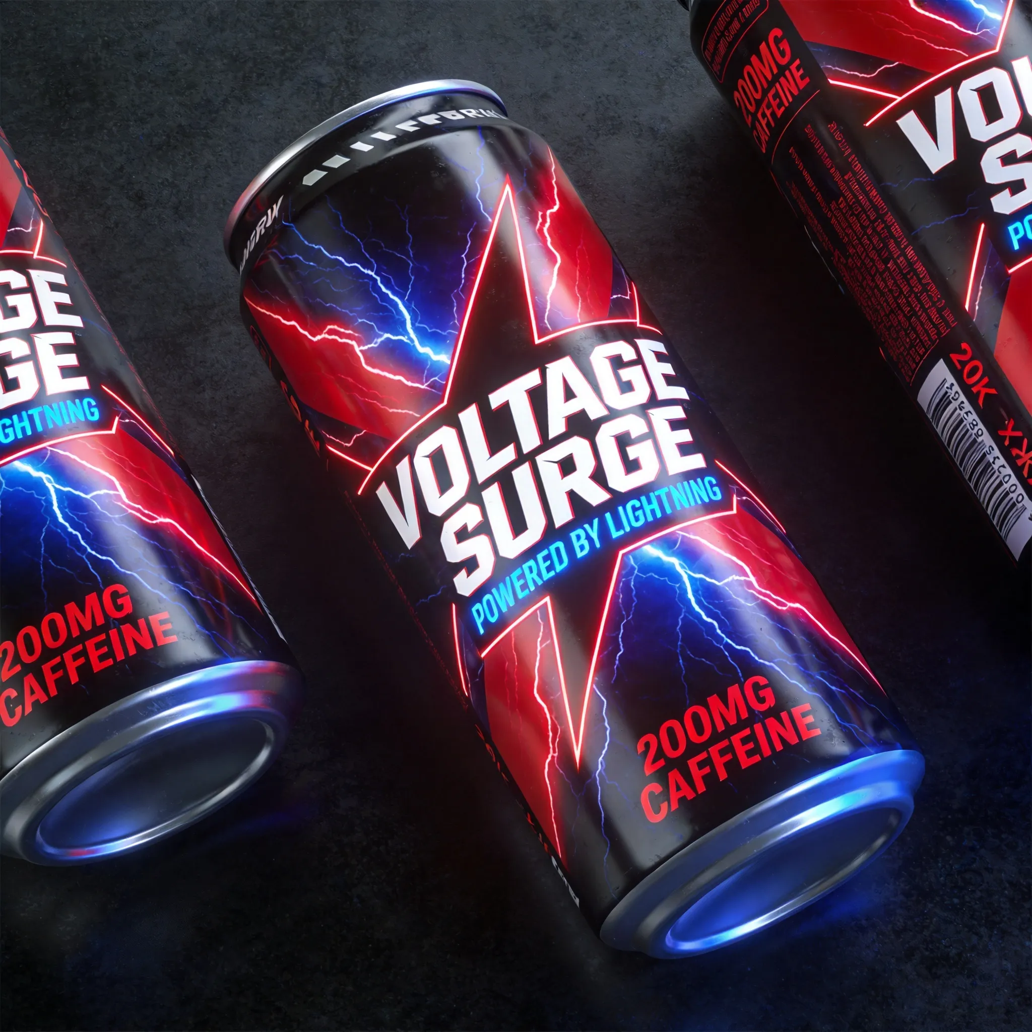 A bold energy drink packaging design, futuristic aluminum can with neon graphics, dynamic lightning effects, vibrant red and blue color palette, sporty branding aesthetic, modern typography, glossy metallic reflections, high-impact commercial design, aggressive visual identity, realistic beverage packaging mockup, cinematic lighting, ultra detailed product rendering, 8K